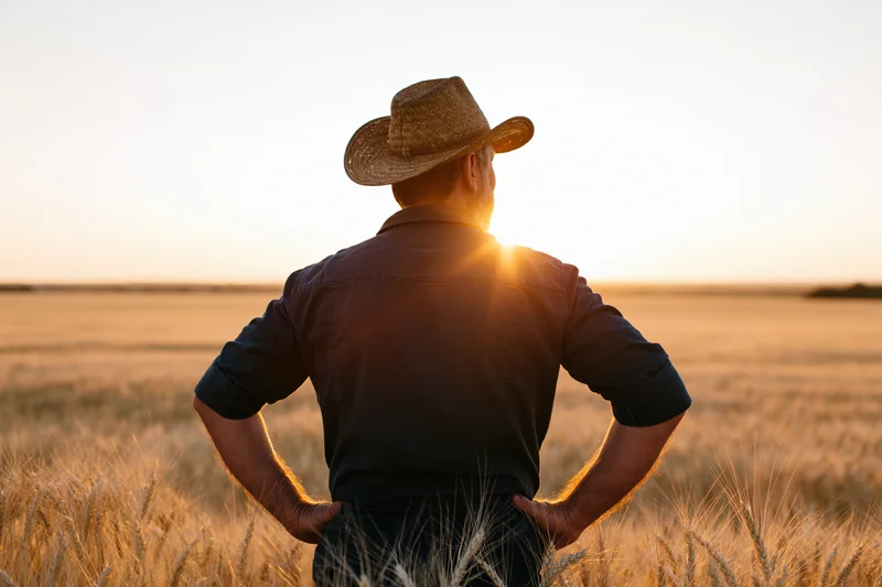 Farmer standing with hands on hips in wheat field at sunset