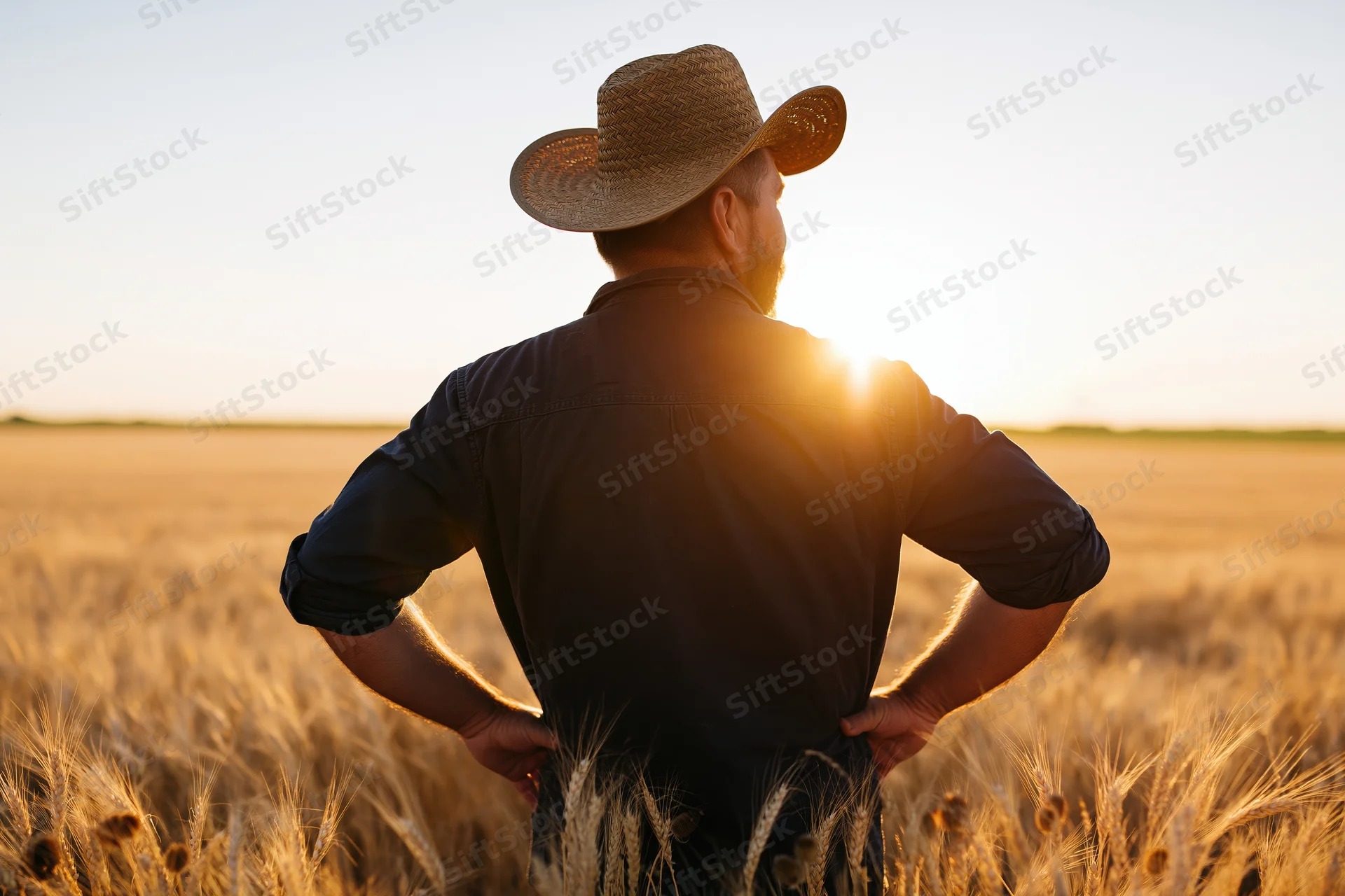 Farmer standing with hands on hips in a wheat field at sunset