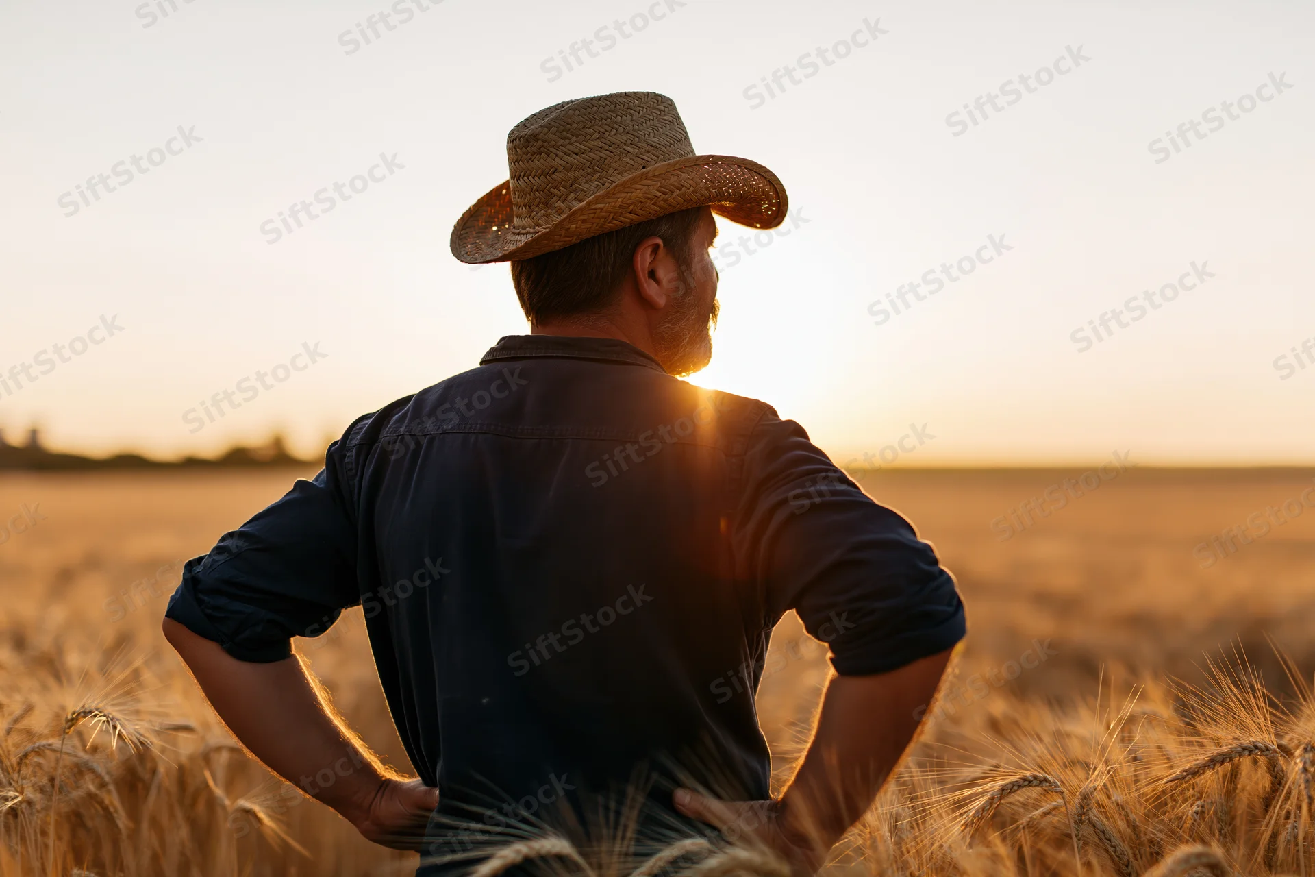 Farmer standing with hands on hips in wheat field at sunset