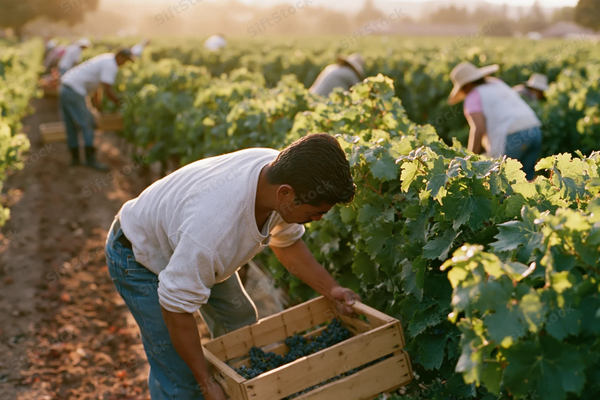 Farmworker hand-picking grapes into a wooden basket in a vineyard row during golden hour