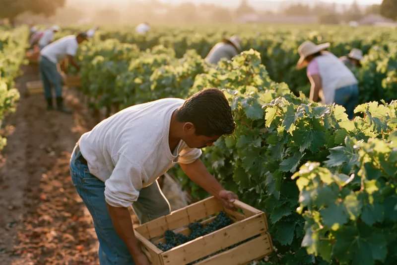 Farmworker hand-picking grapes into a wooden basket in a vineyard row during golden hour