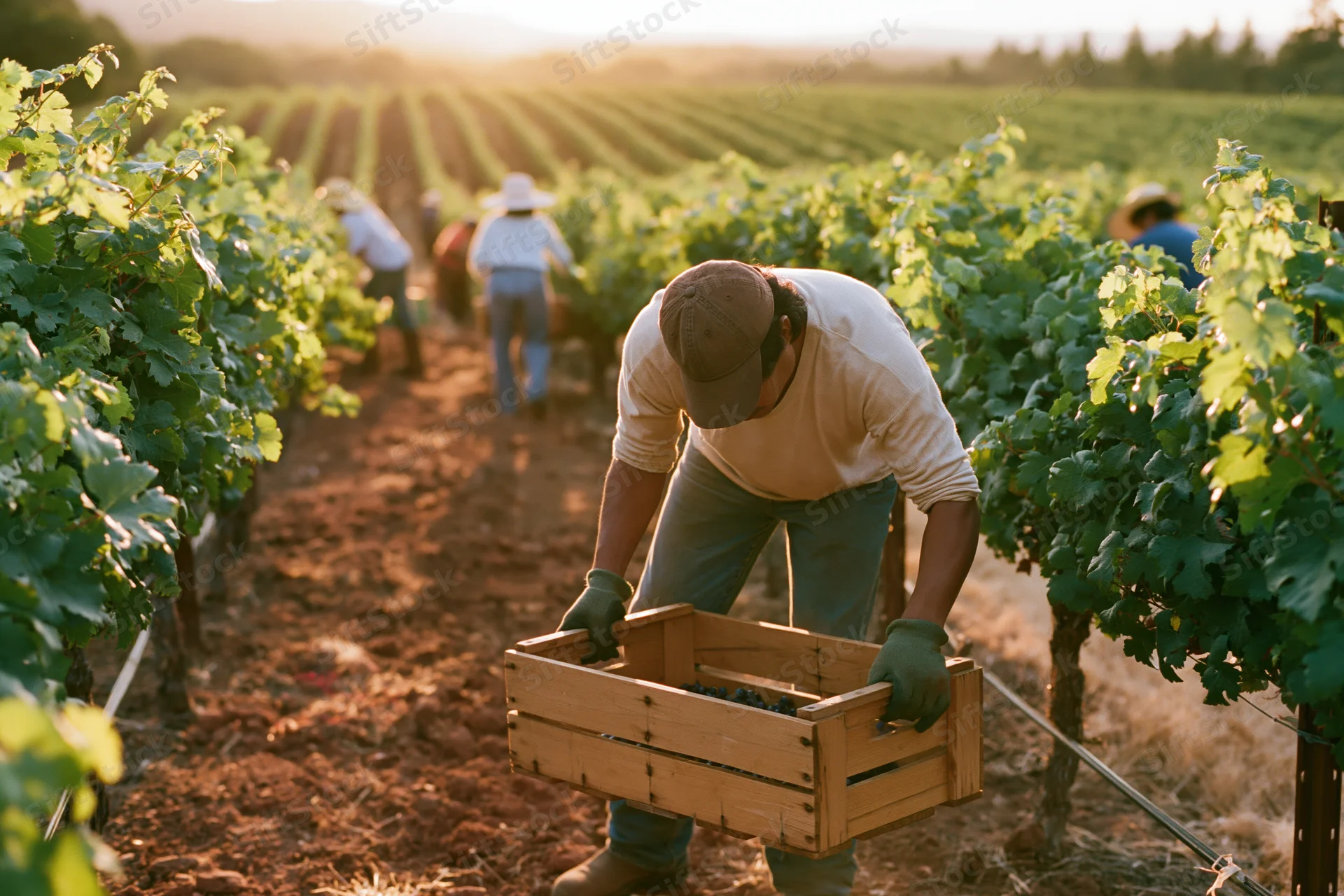 Farmworker hand-picking grapes into a wooden crate in a vineyard at sunset