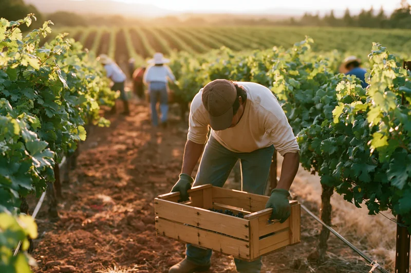 Farmworker hand-picking grapes into a wooden crate in a vineyard at sunset
