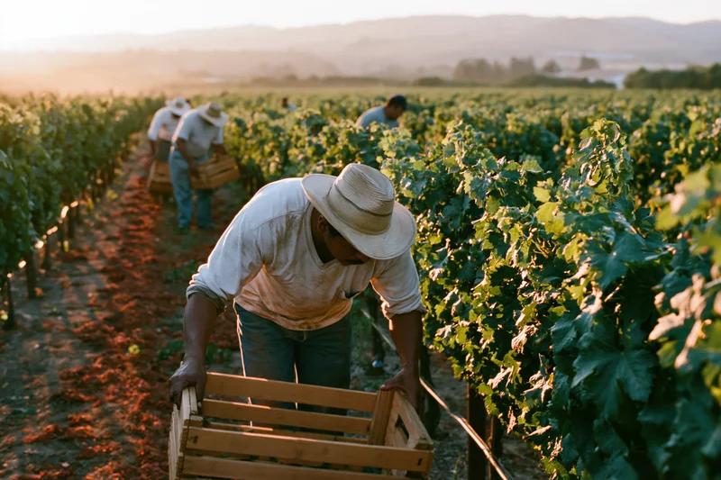 Farmworker harvesting grapes in a vineyard row at sunset