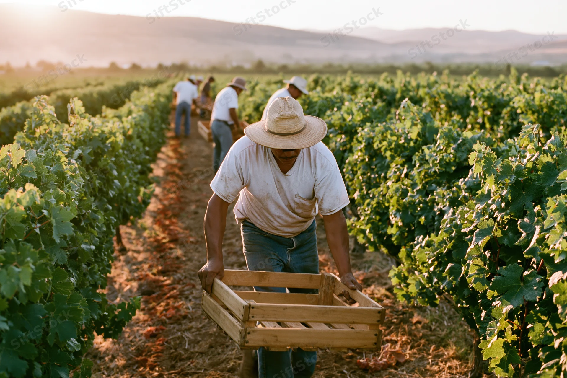 Farmworker carrying wooden crate through vineyard rows at golden hour