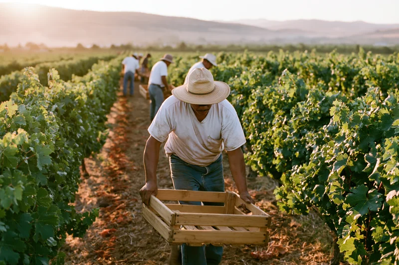 Farmworker carrying wooden crate through vineyard rows at golden hour