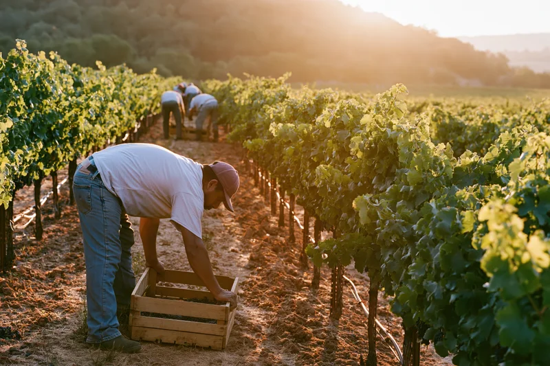 Farmworker harvesting grapes by hand in a vineyard row at golden hour
