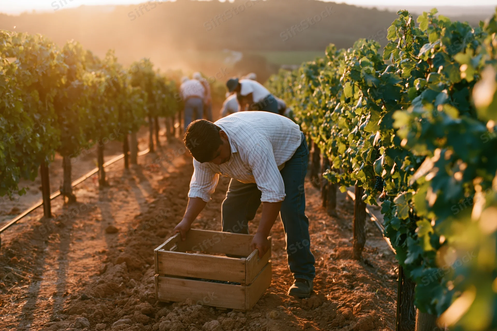 Farmworker bending to place wooden crate in vineyard row during grape harvest
