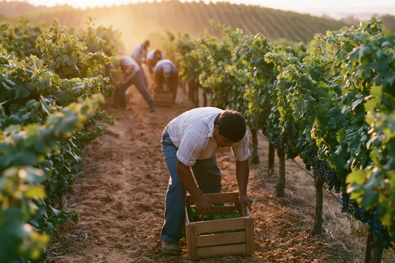 Farmworker picking grapes by hand in a vineyard row at sunset