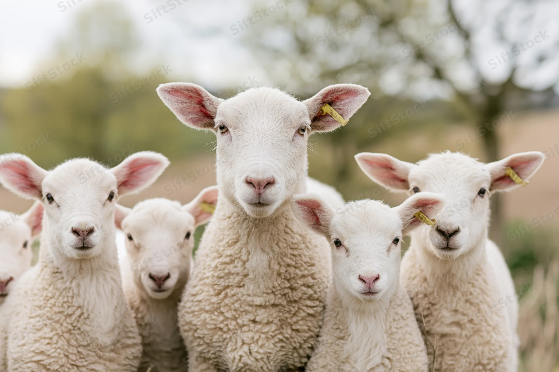 Five white sheep and lambs facing camera in a field