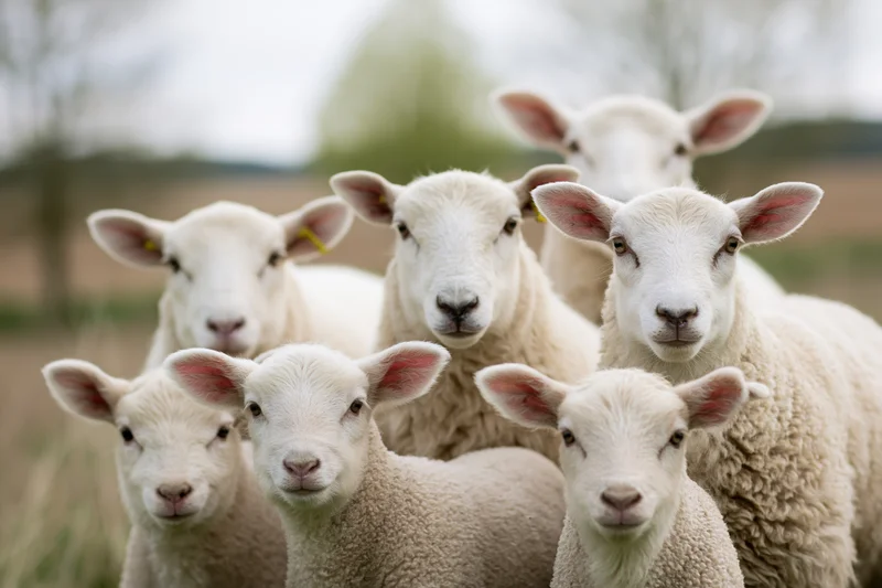 Five white sheep and lambs facing camera in a grassy field
