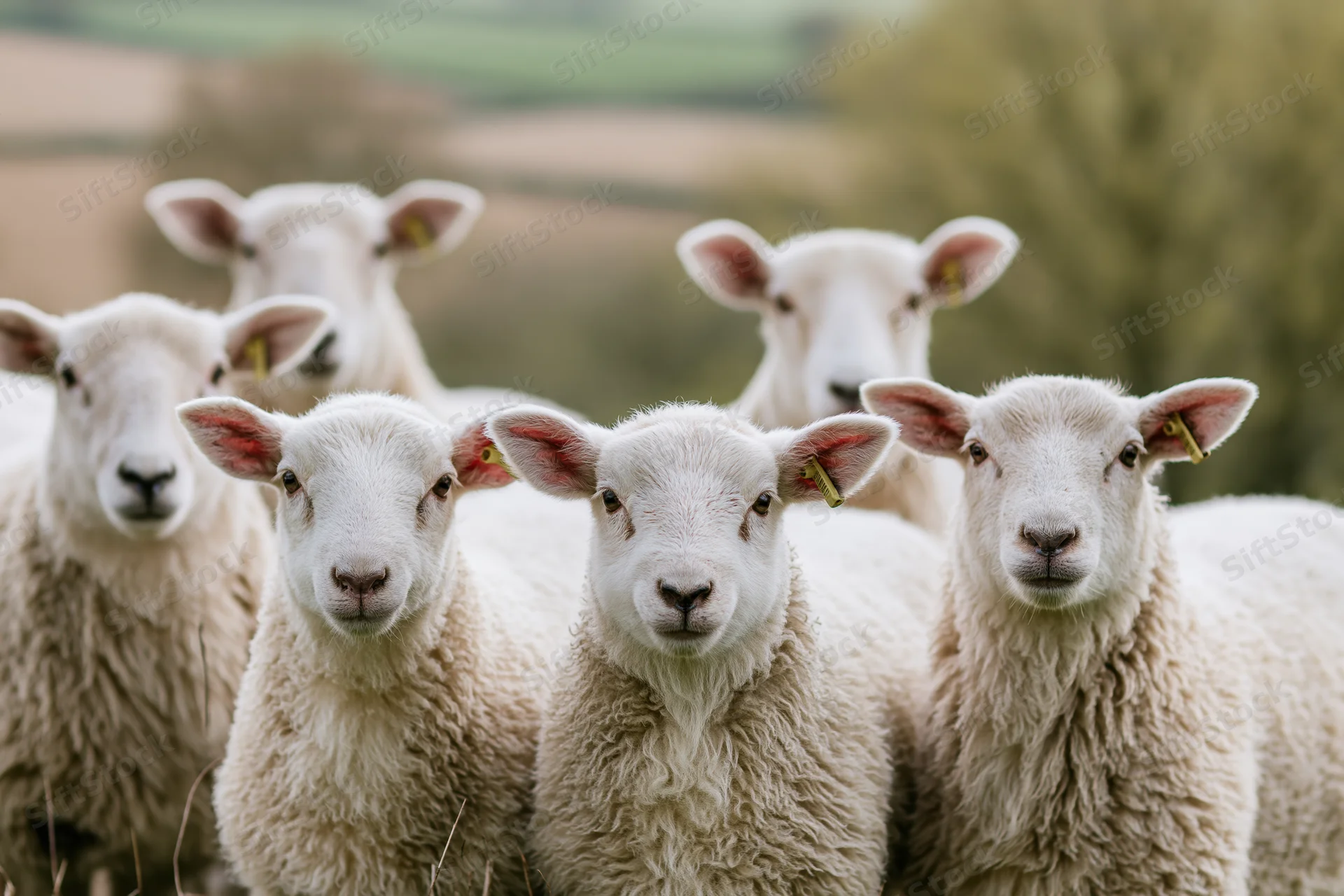Five white sheep and lambs facing camera in a grassy field
