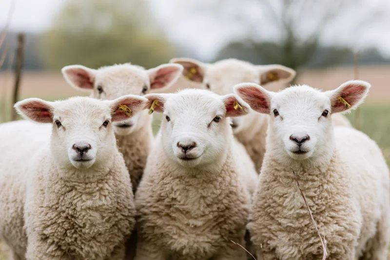 Five white lambs and sheep facing directly toward camera in a grassy pasture