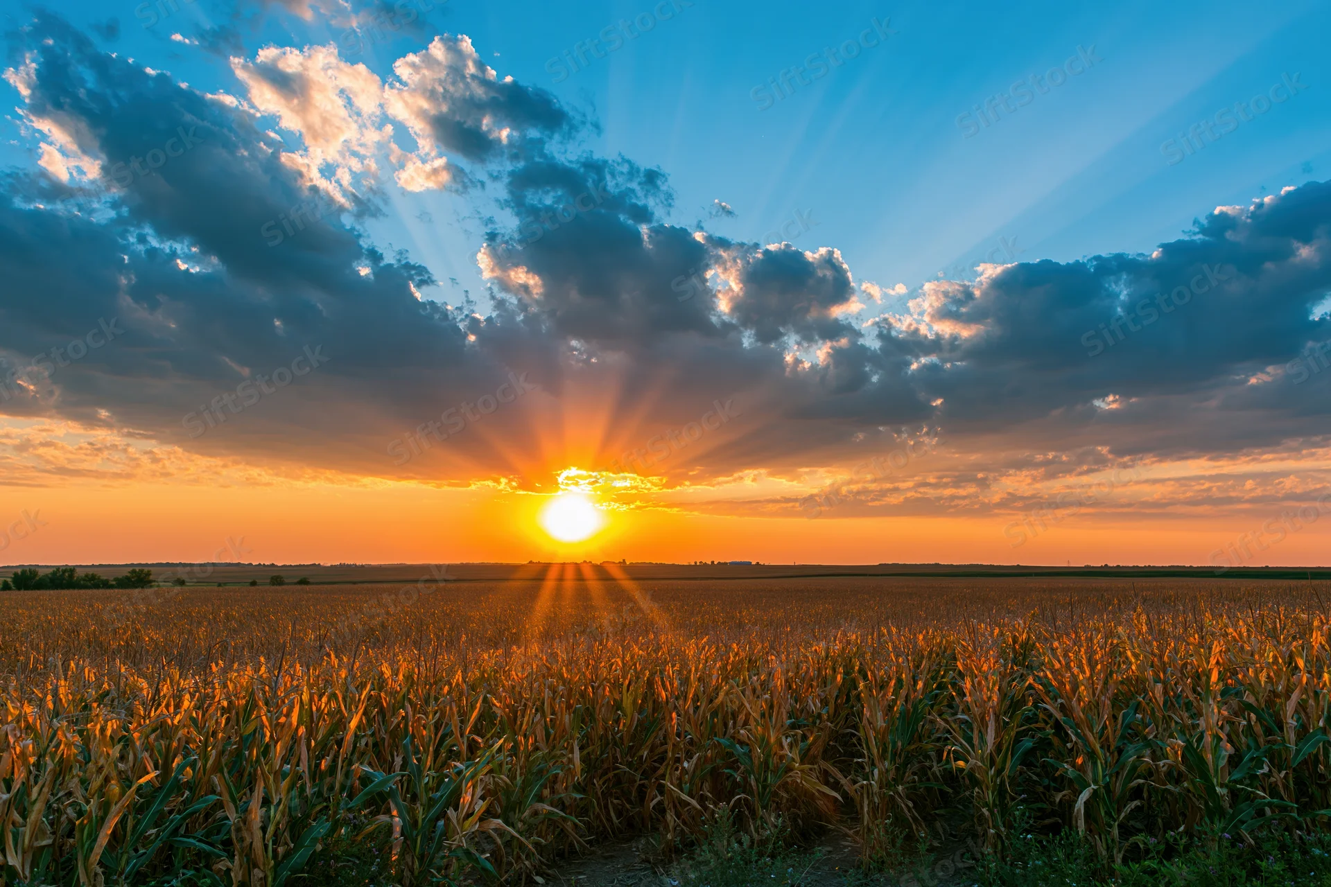 Cornfield at golden hour sunset over midwestern farmland