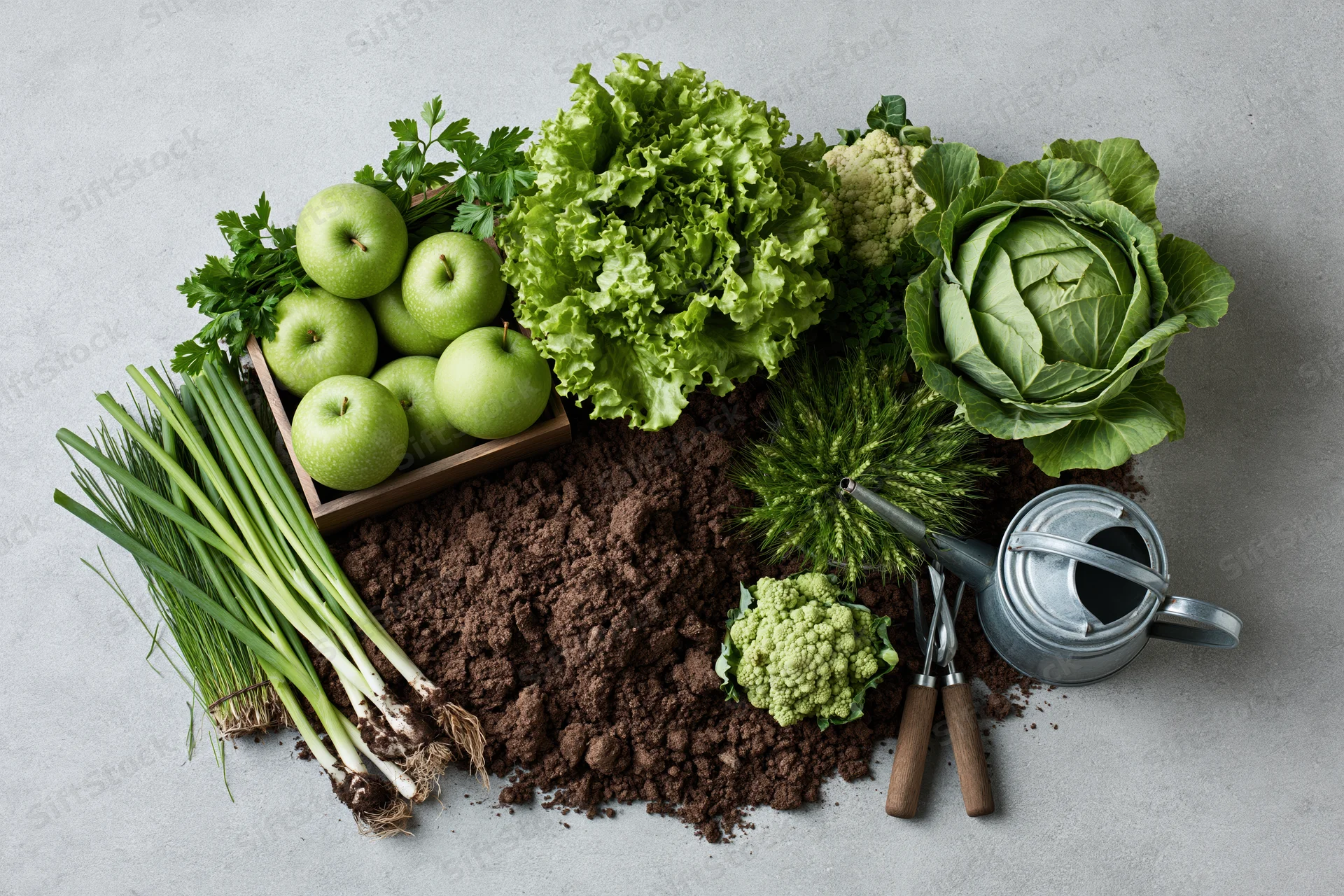 Flat lay arrangement of fresh green vegetables and gardening tools on a mound of dark soil with copyspace around