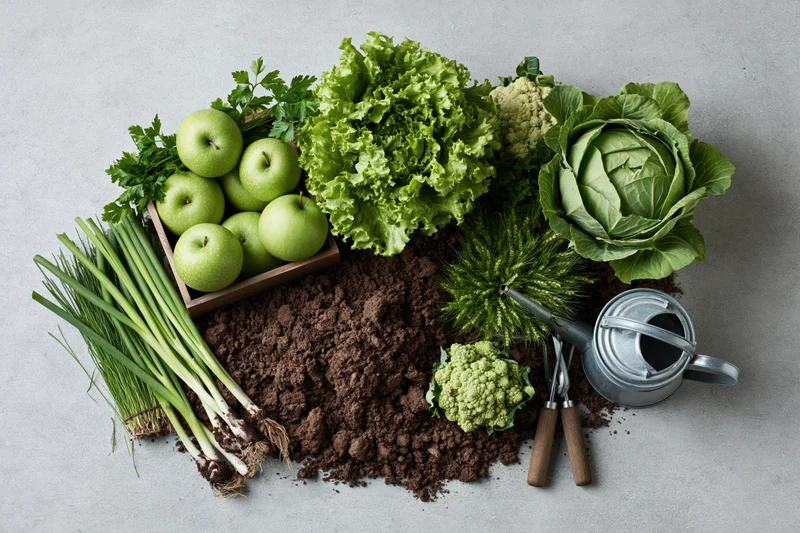 Flat lay arrangement of fresh green vegetables and gardening tools on a mound of dark soil with copyspace around