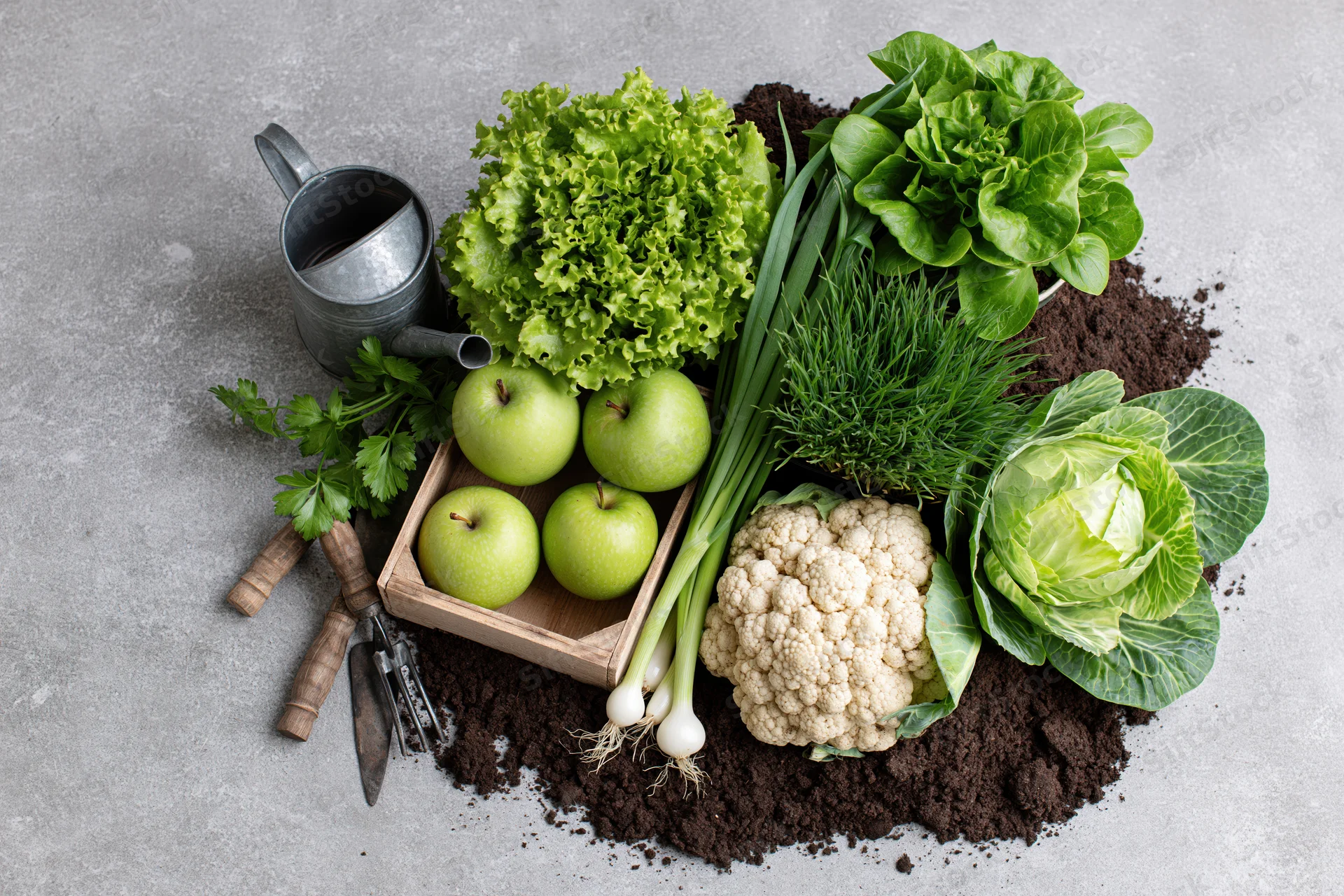 Flat lay arrangement of fresh vegetables and gardening tools on a mound of soil