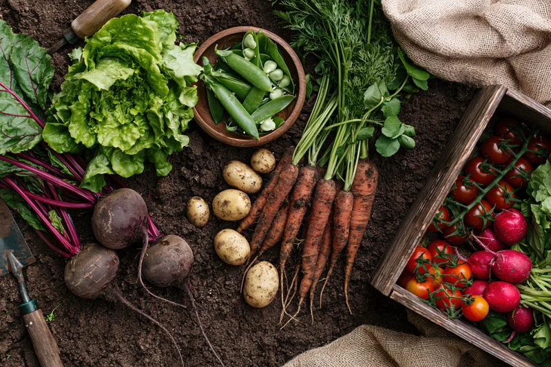 Freshly harvested vegetables arranged on soil in a flat lay with gardening tools and a wooden crate