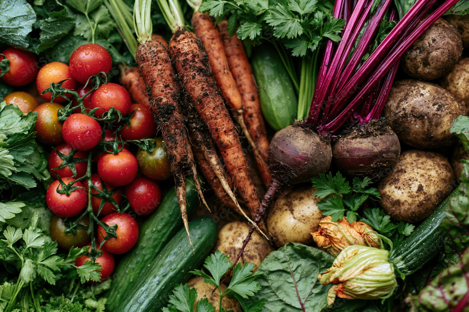 Freshly harvested vegetables arranged in a flat lay on a surface