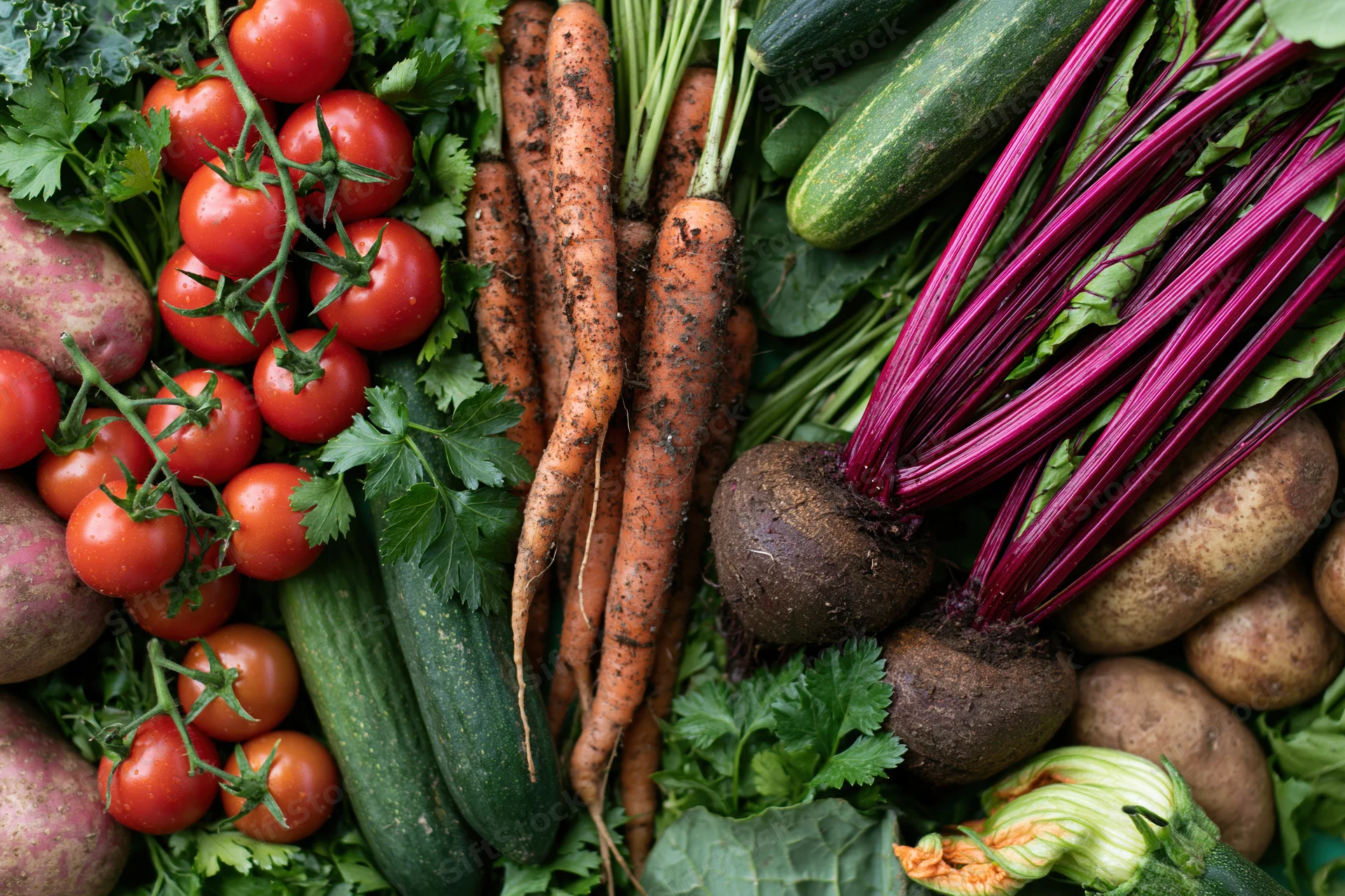 Freshly harvested vegetables arranged in a flat lay on a surface