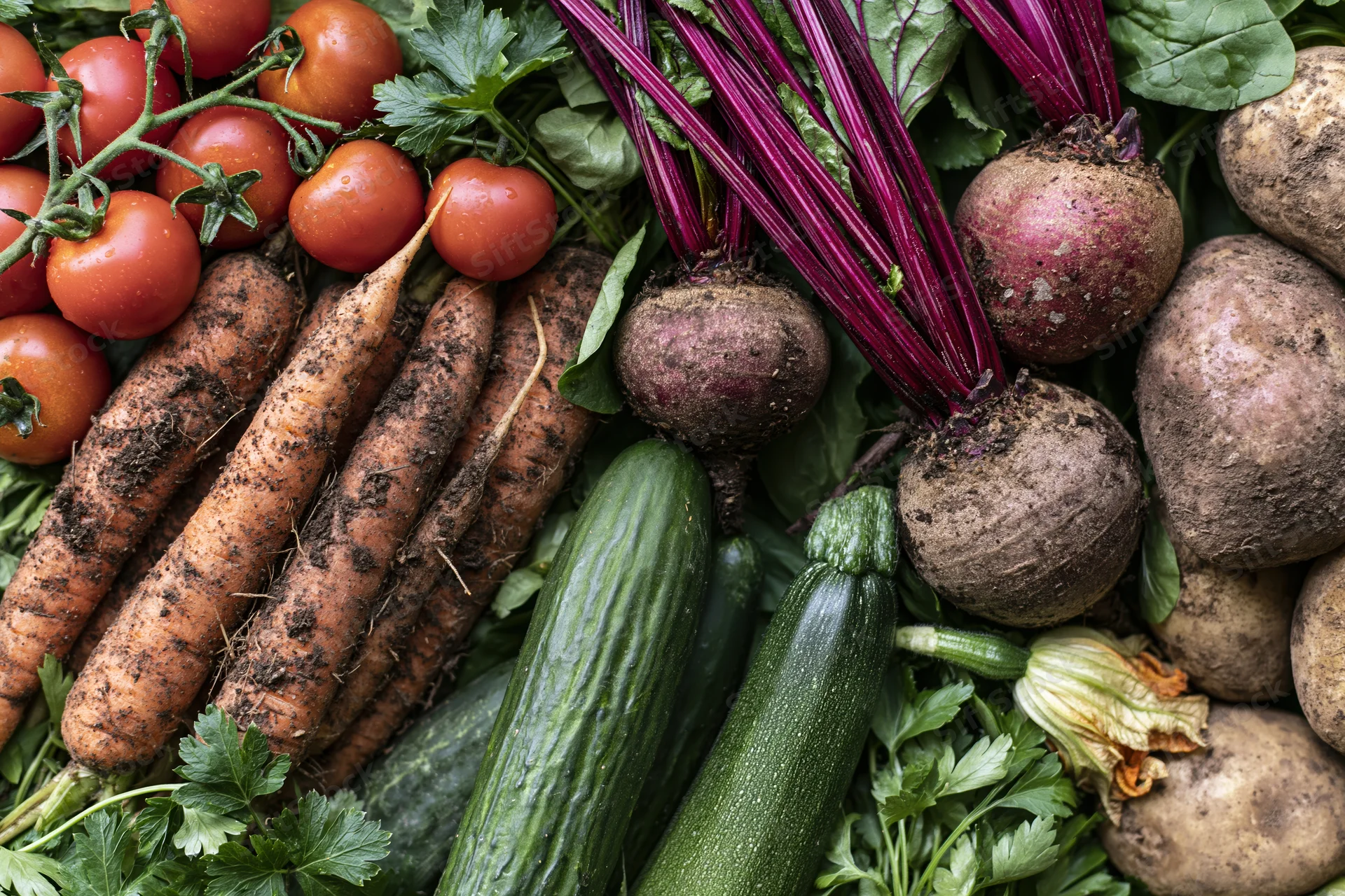 Freshly harvested vegetables arranged in a flat lay on a surface