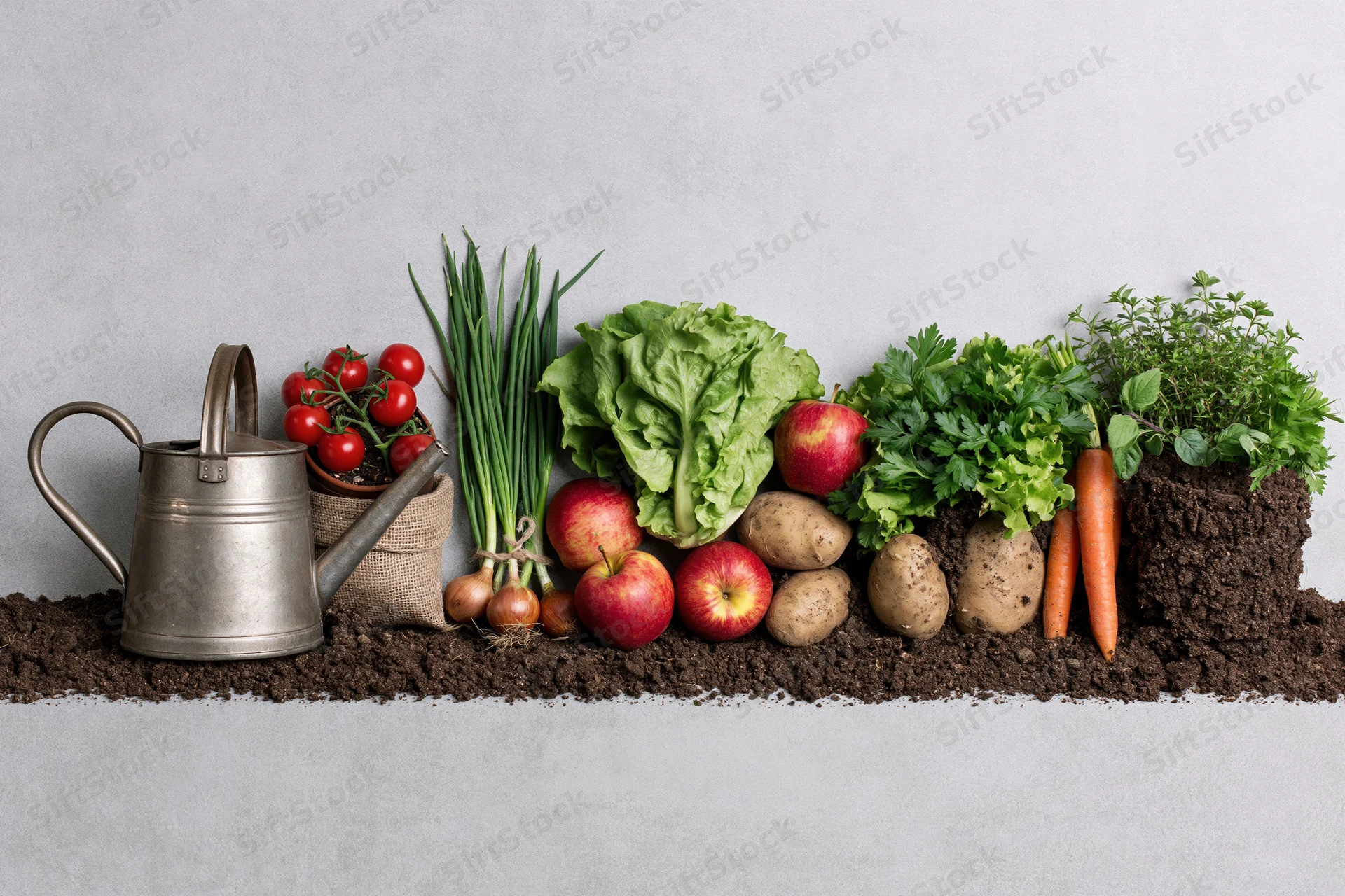 Garden vegetables and herbs arranged in a flat lay on soil with a watering can and burlap sack