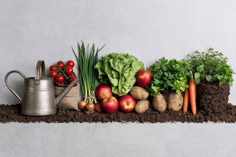 Garden vegetables and herbs arranged in a flat lay on soil with a watering can and burlap sack