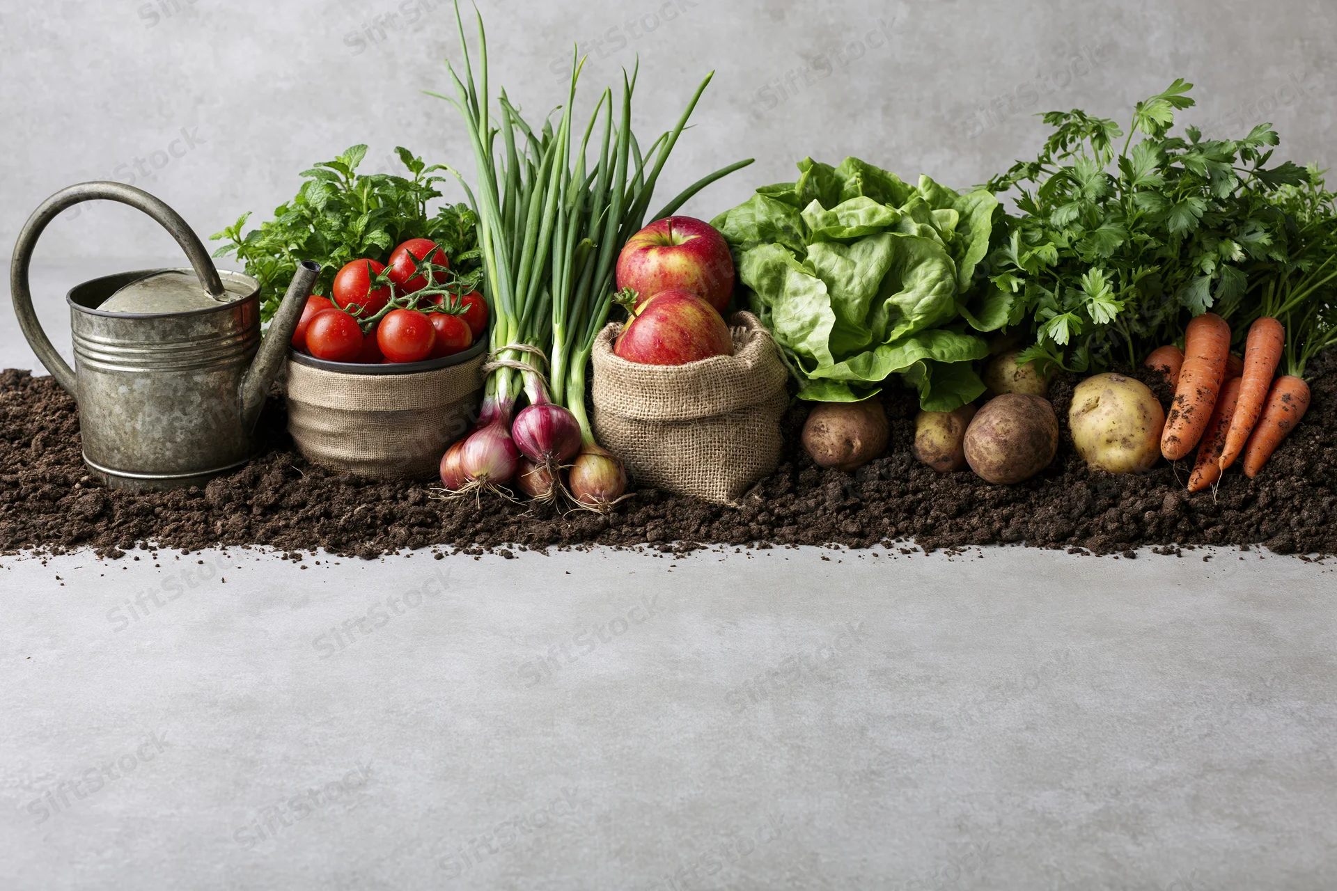 Fresh garden vegetables and herbs arranged in a flat lay on soil with a watering can and burlap bags