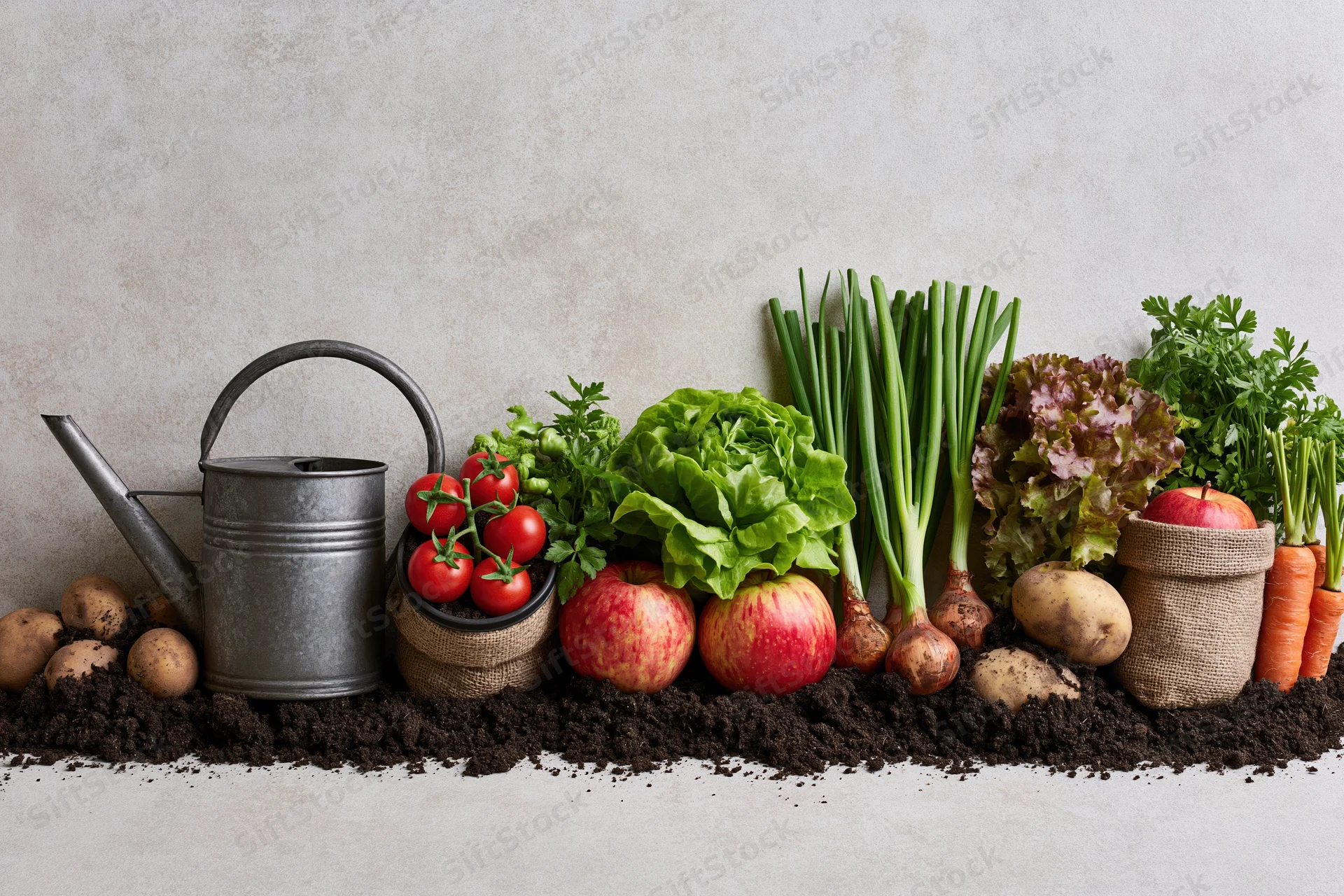 Garden vegetables and herbs arranged in a flat lay on soil with a watering can and burlap sacks