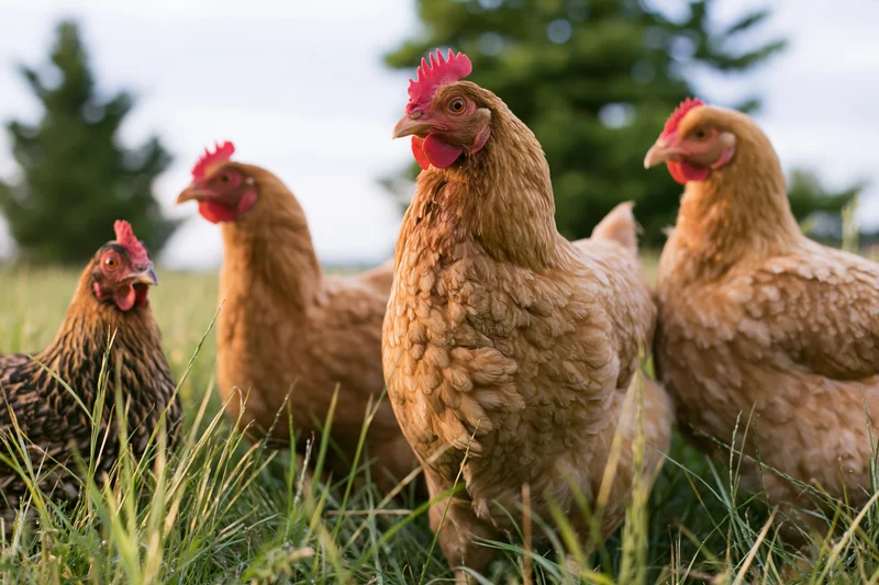 Four hens standing in tall grass on a farm pasture