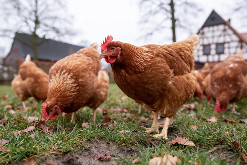 Brown hens foraging on grass in a rural farmyard setting