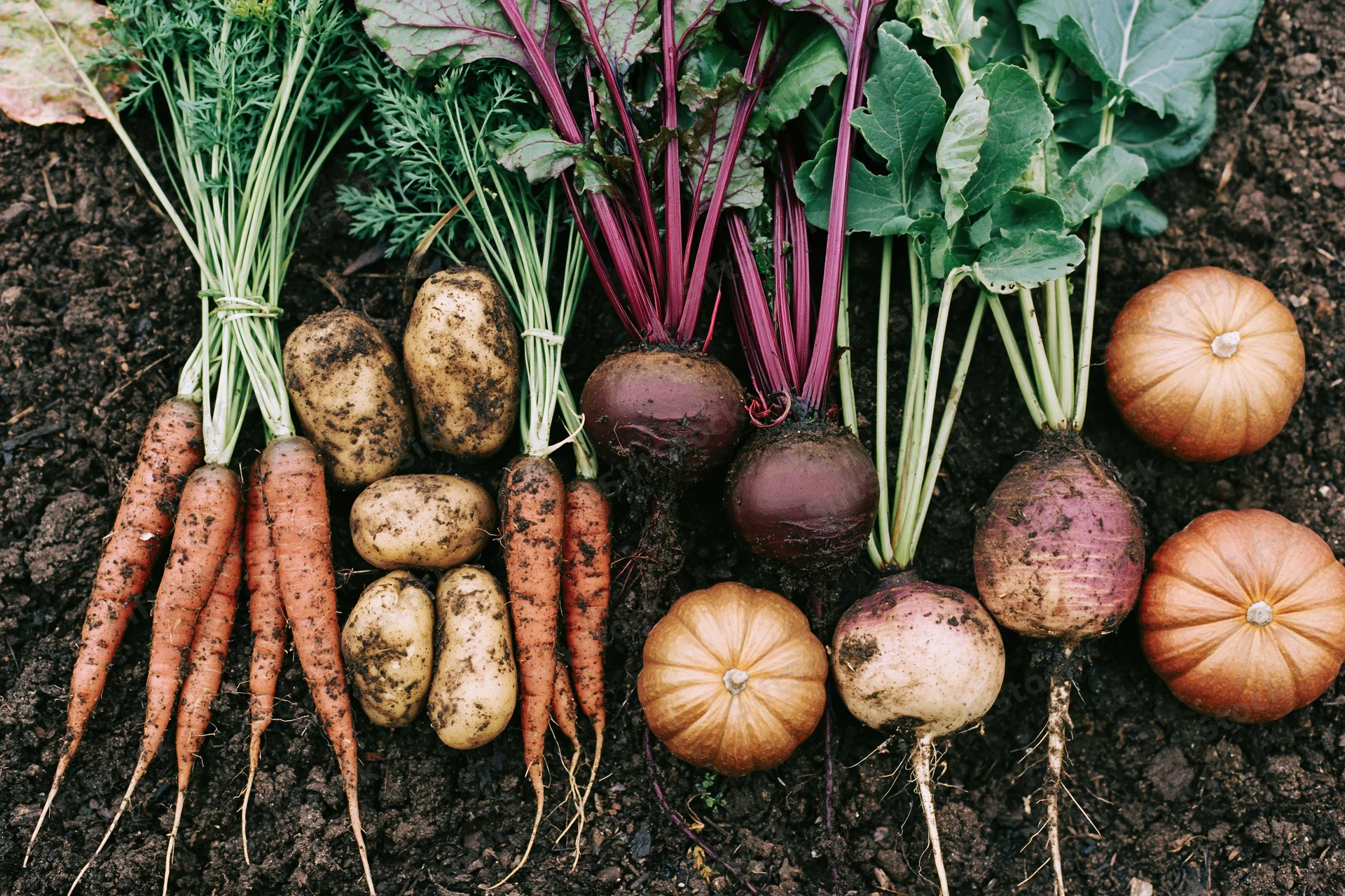 Fresh-harvested root vegetables and squash arranged on dark soil