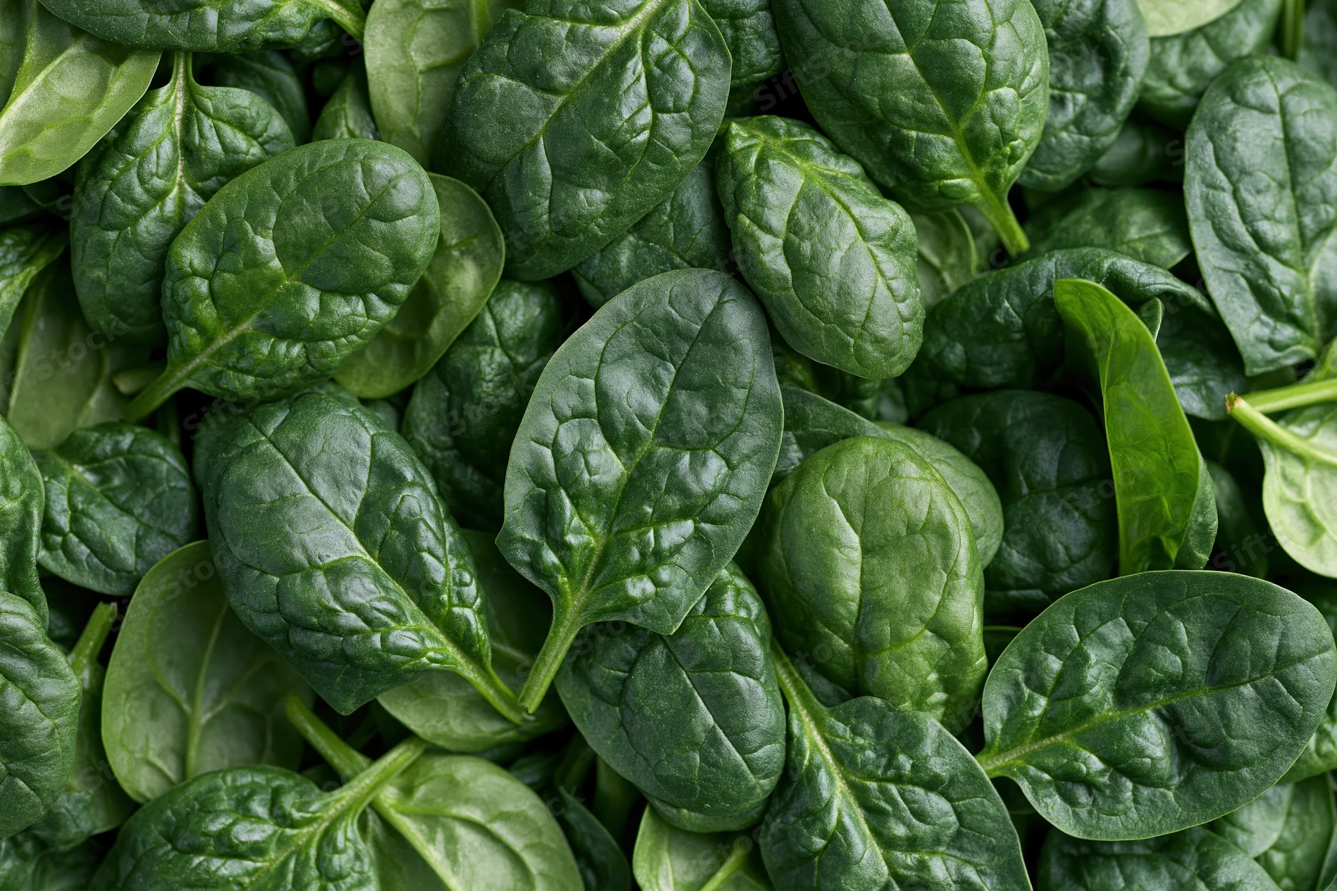 Fresh baby spinach leaves piled densely together filling the frame