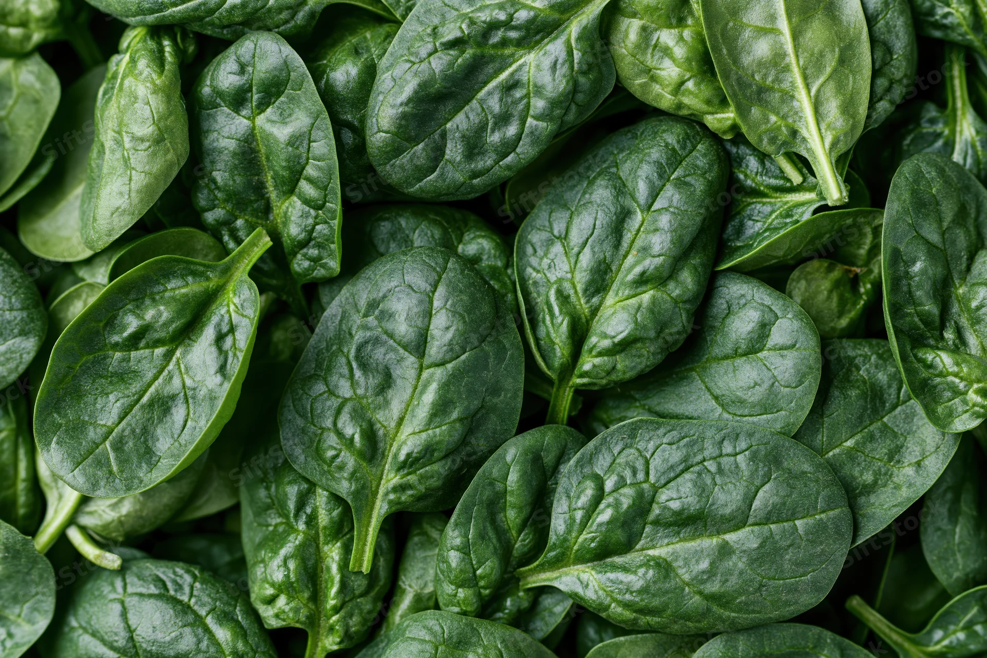 Fresh baby spinach leaves densely piled filling the frame
