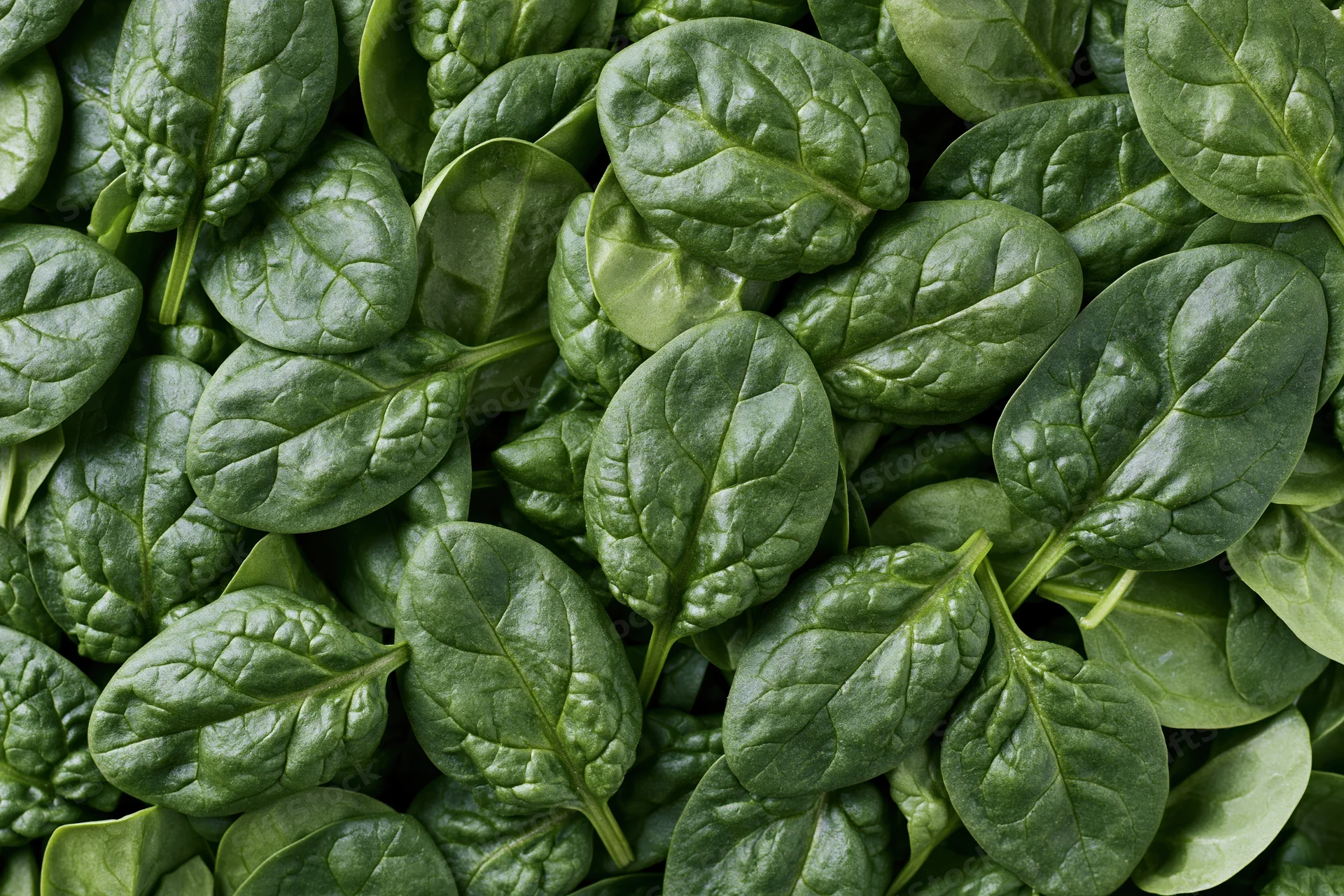 Fresh baby spinach leaves piled densely together filling the frame