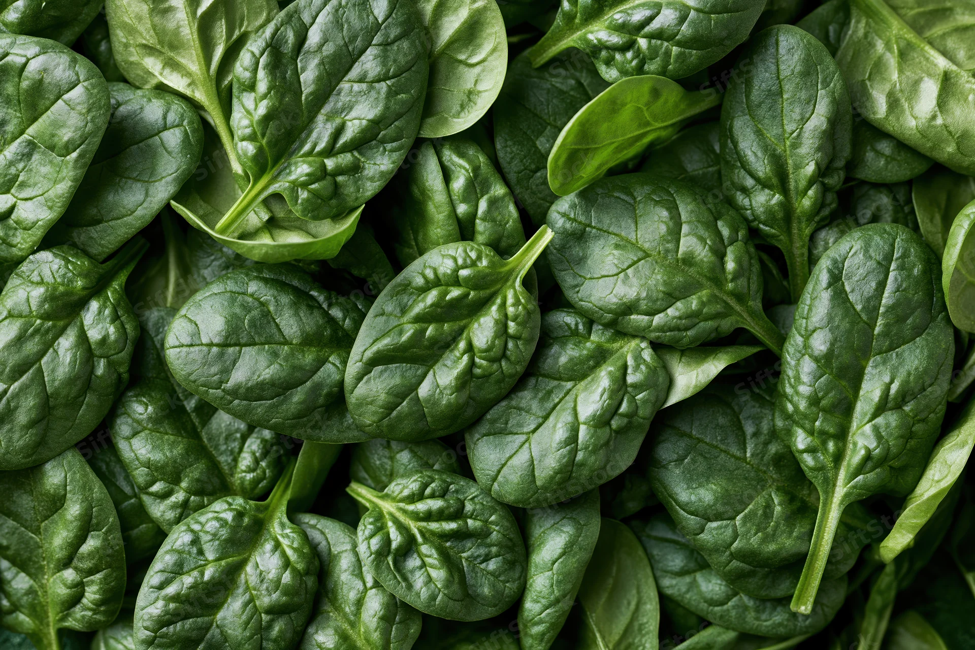 Fresh baby spinach leaves piled densely together filling the frame