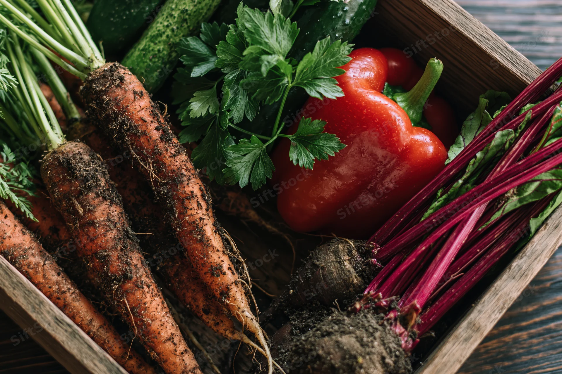 Fresh harvested vegetables arranged in a rustic wooden crate