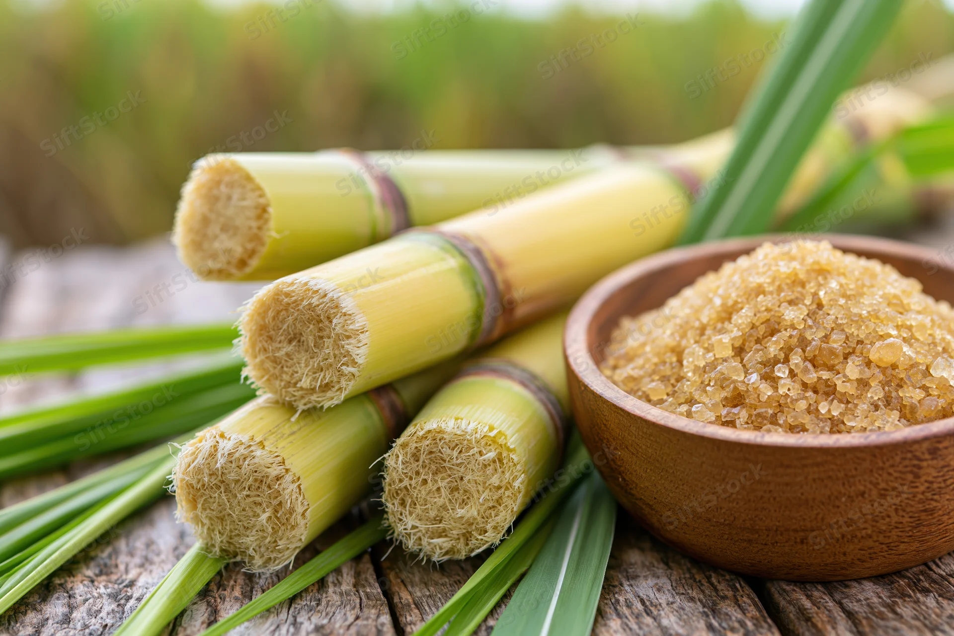 Freshly cut sugarcane stalks arranged with a bowl of raw sugar on a wooden surface