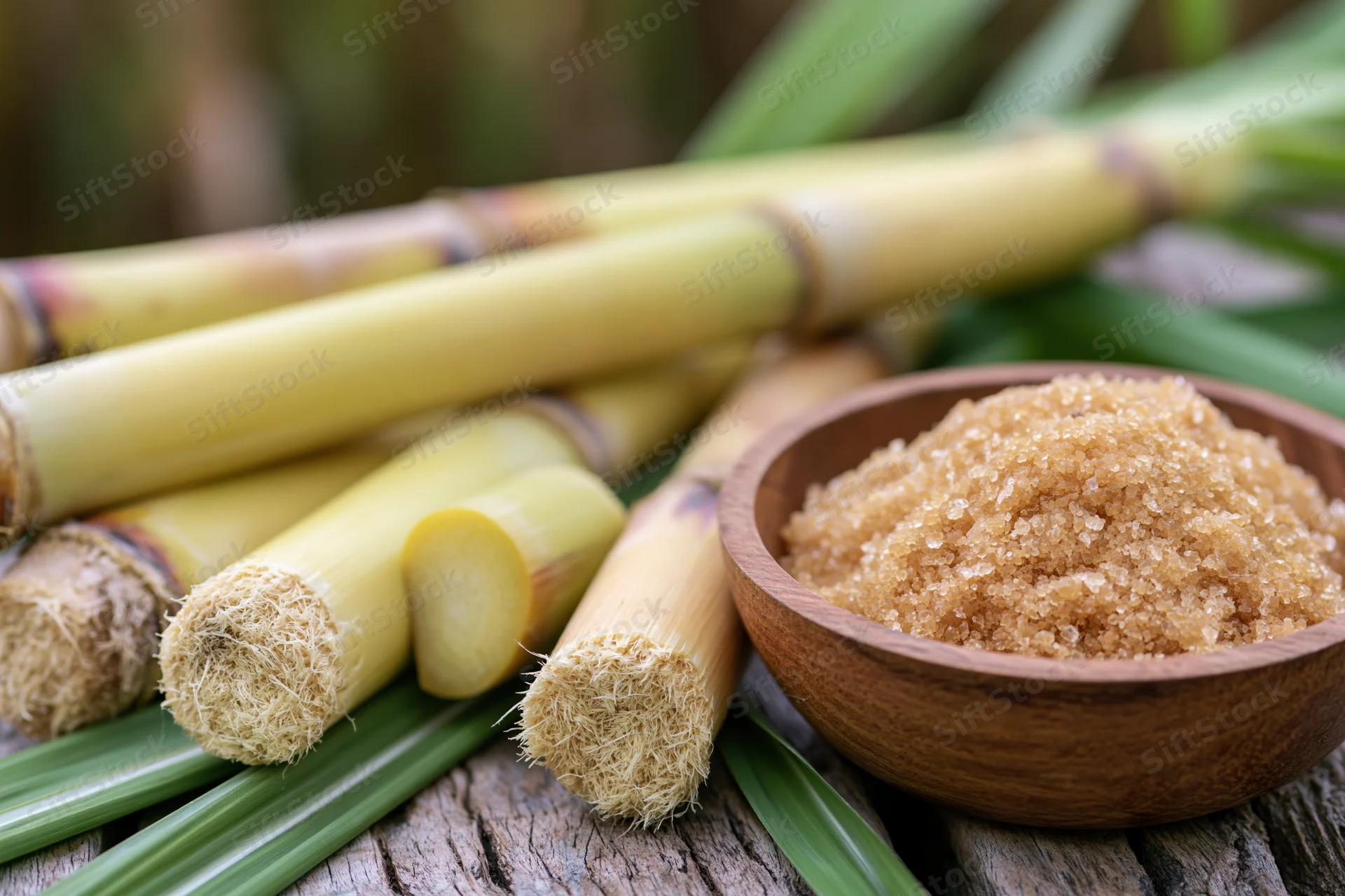 Freshly cut sugarcane stalks and segments arranged on a weathered wooden surface with a bowl of brown sugar and green leaves