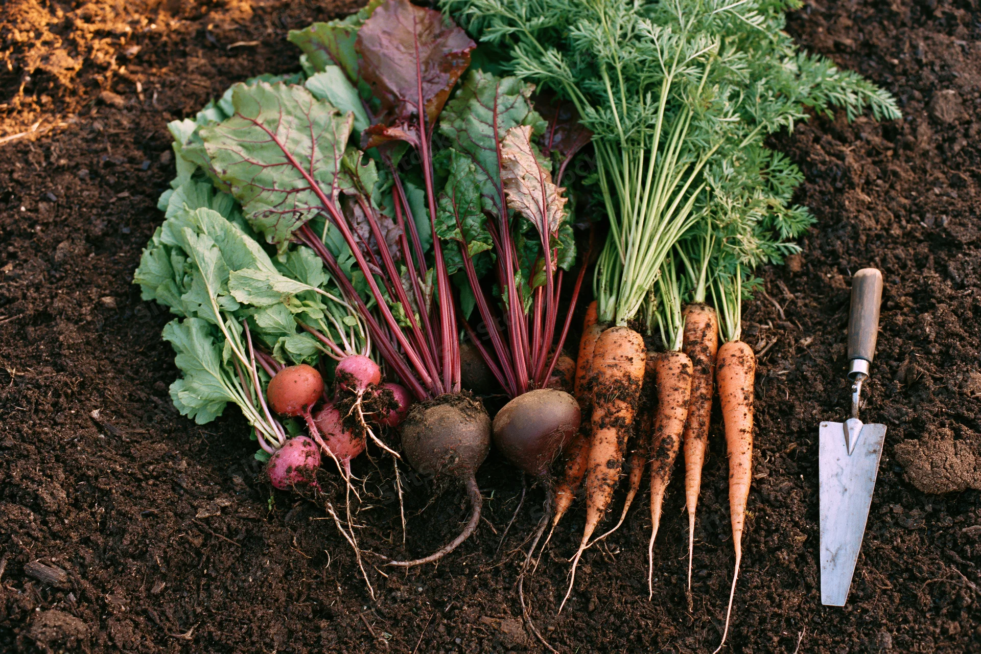 Freshly harvested carrots beets and radishes with leafy greens arranged on dark soil beside a trowel