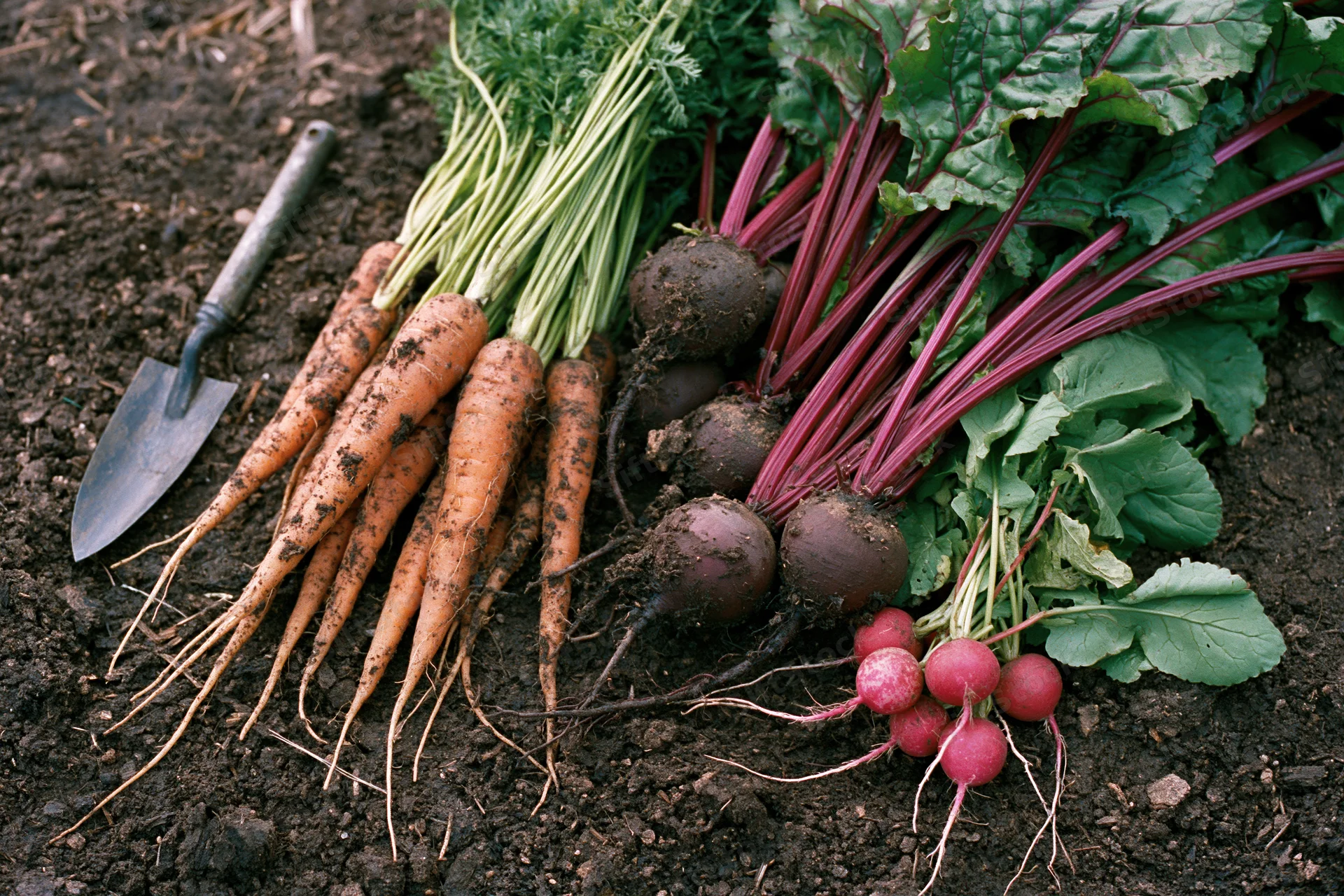 Freshly harvested carrots beets and radishes with leafy greens on soil next to a trowel