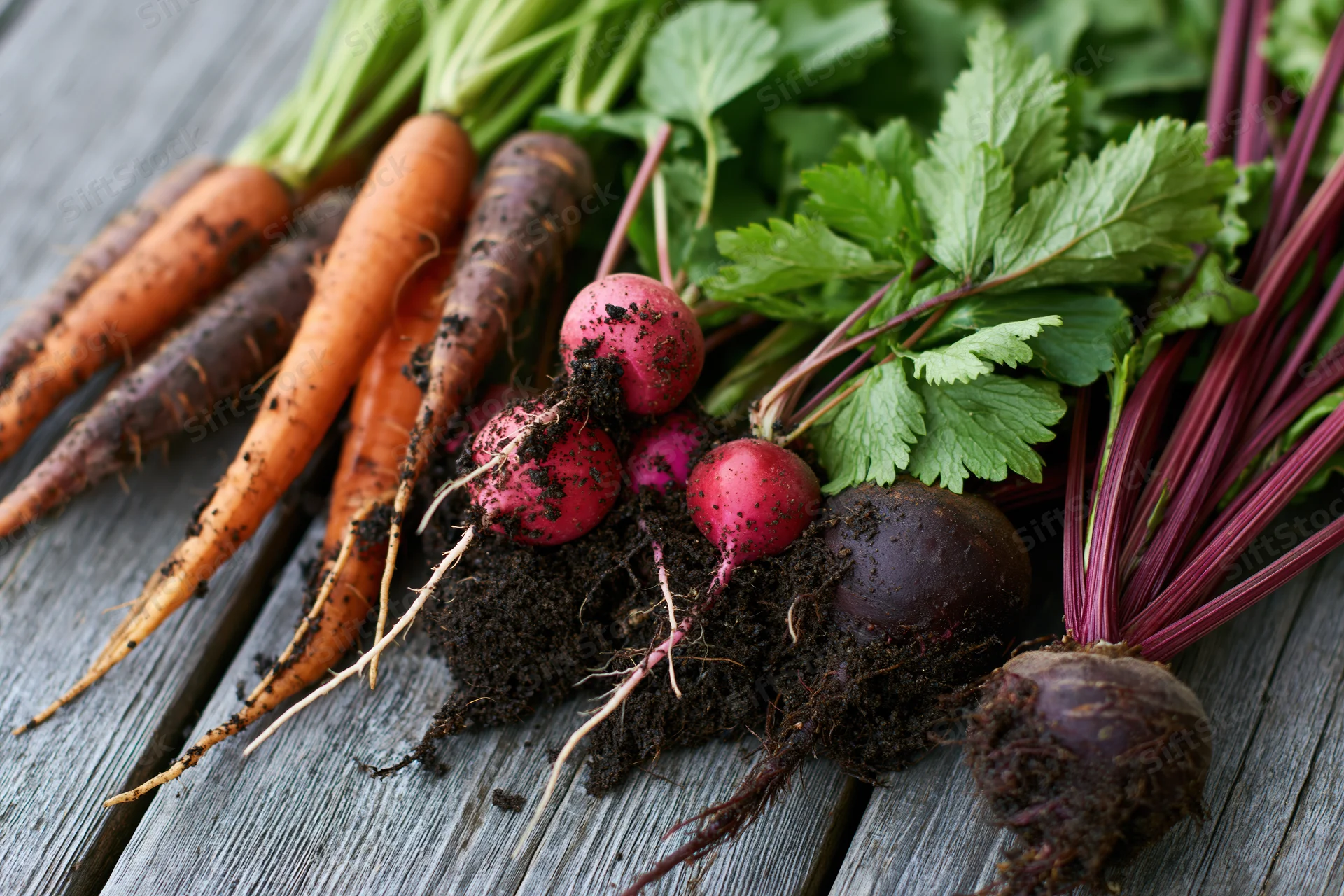 Freshly harvested carrots radishes and beets with soil still on wooden surface