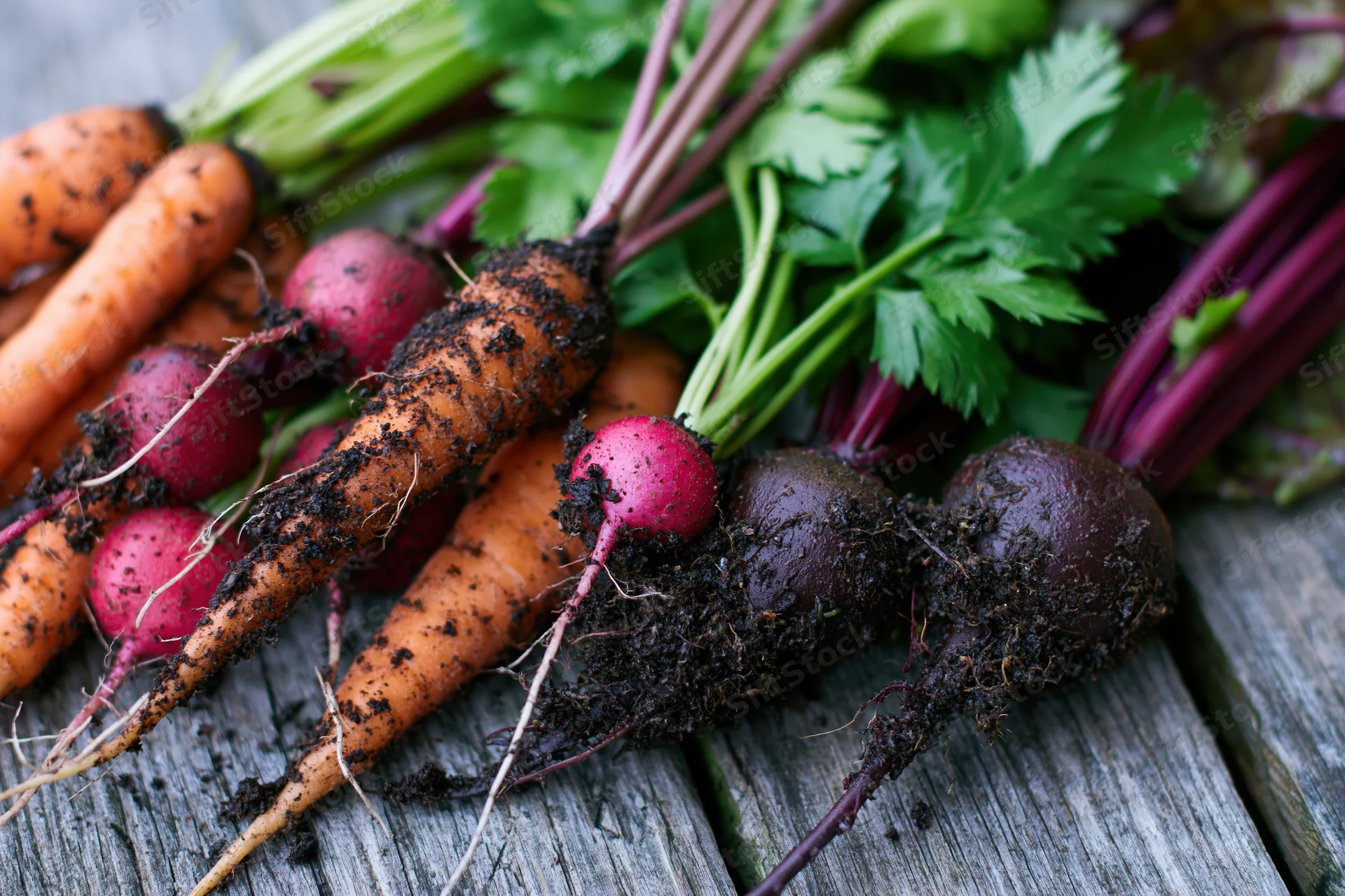 Freshly harvested carrots radishes and beets with soil still on wooden surface