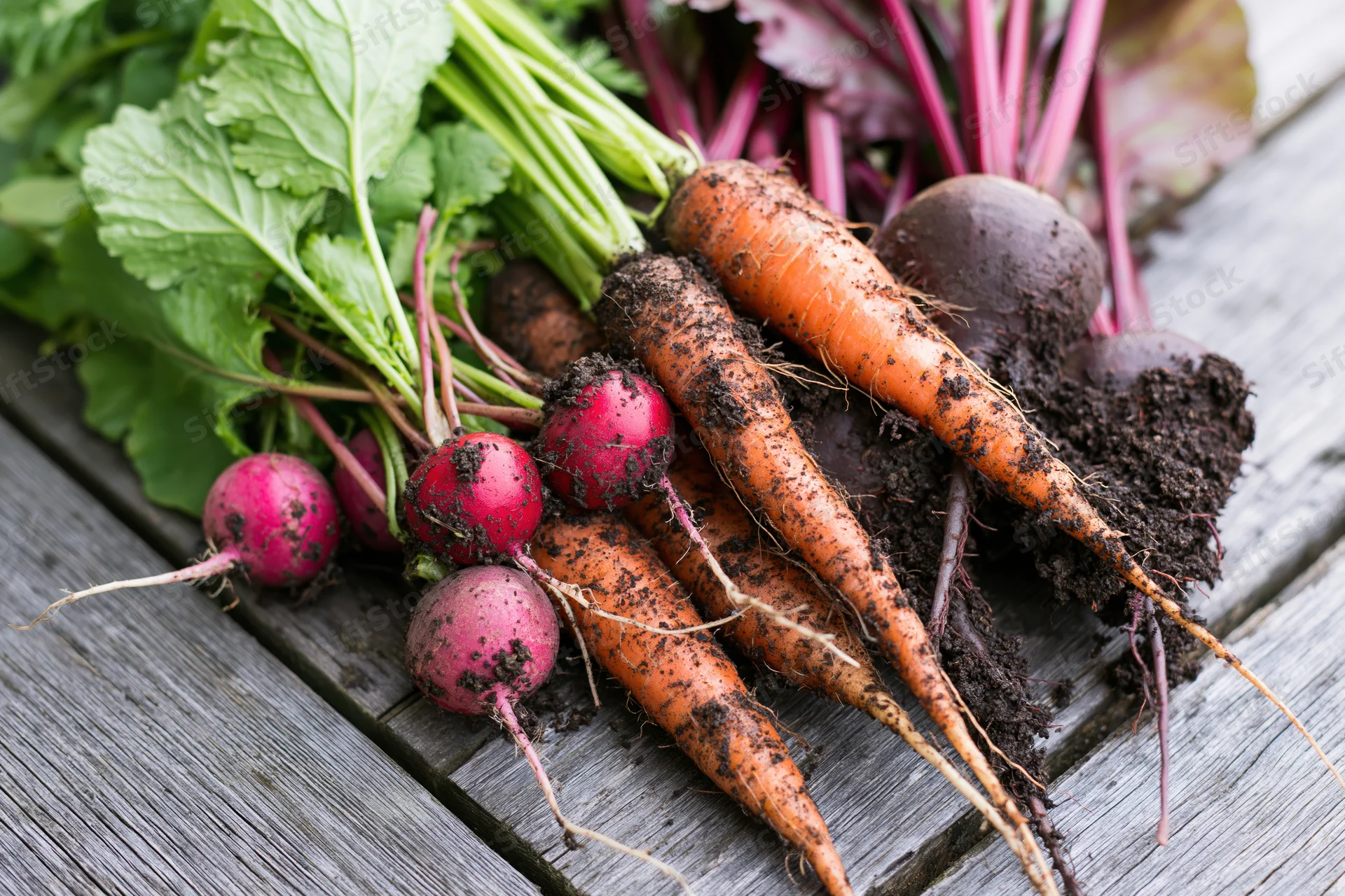 Freshly harvested carrots radishes and beets with soil still on wooden surface