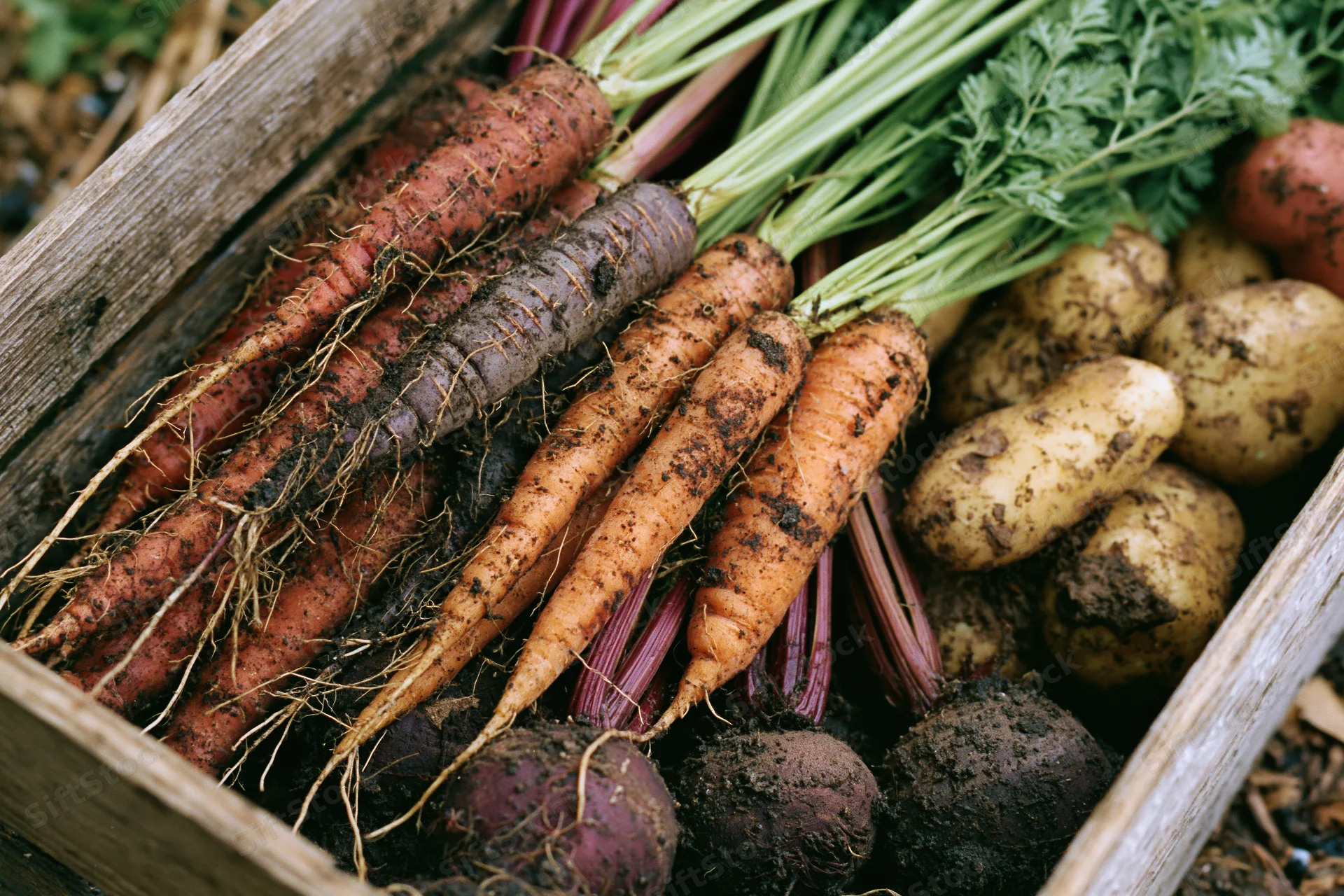 Freshly harvested carrots, beets and potatoes with soil in a wooden crate