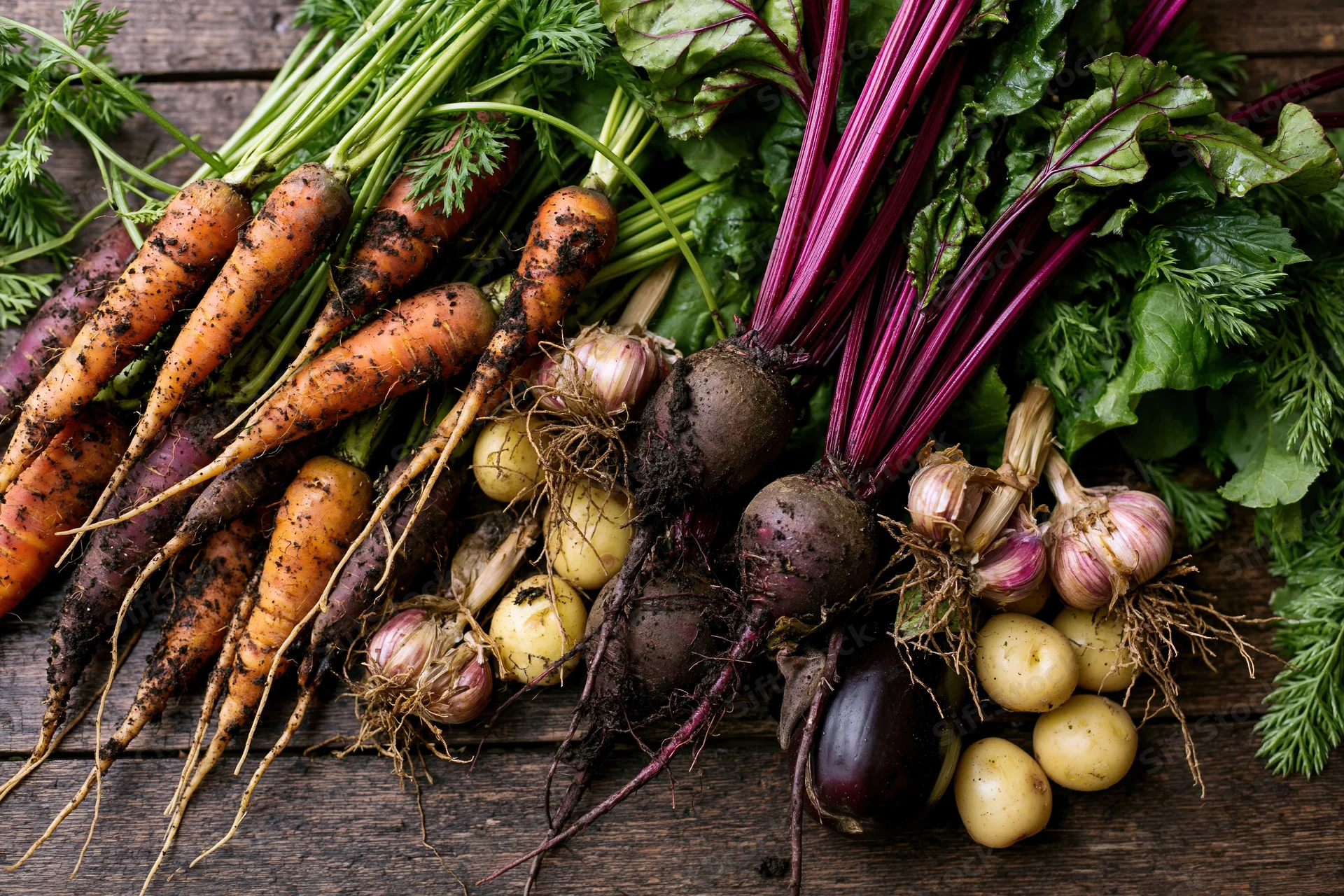 Freshly harvested root vegetables arranged loosely on a dark wooden table