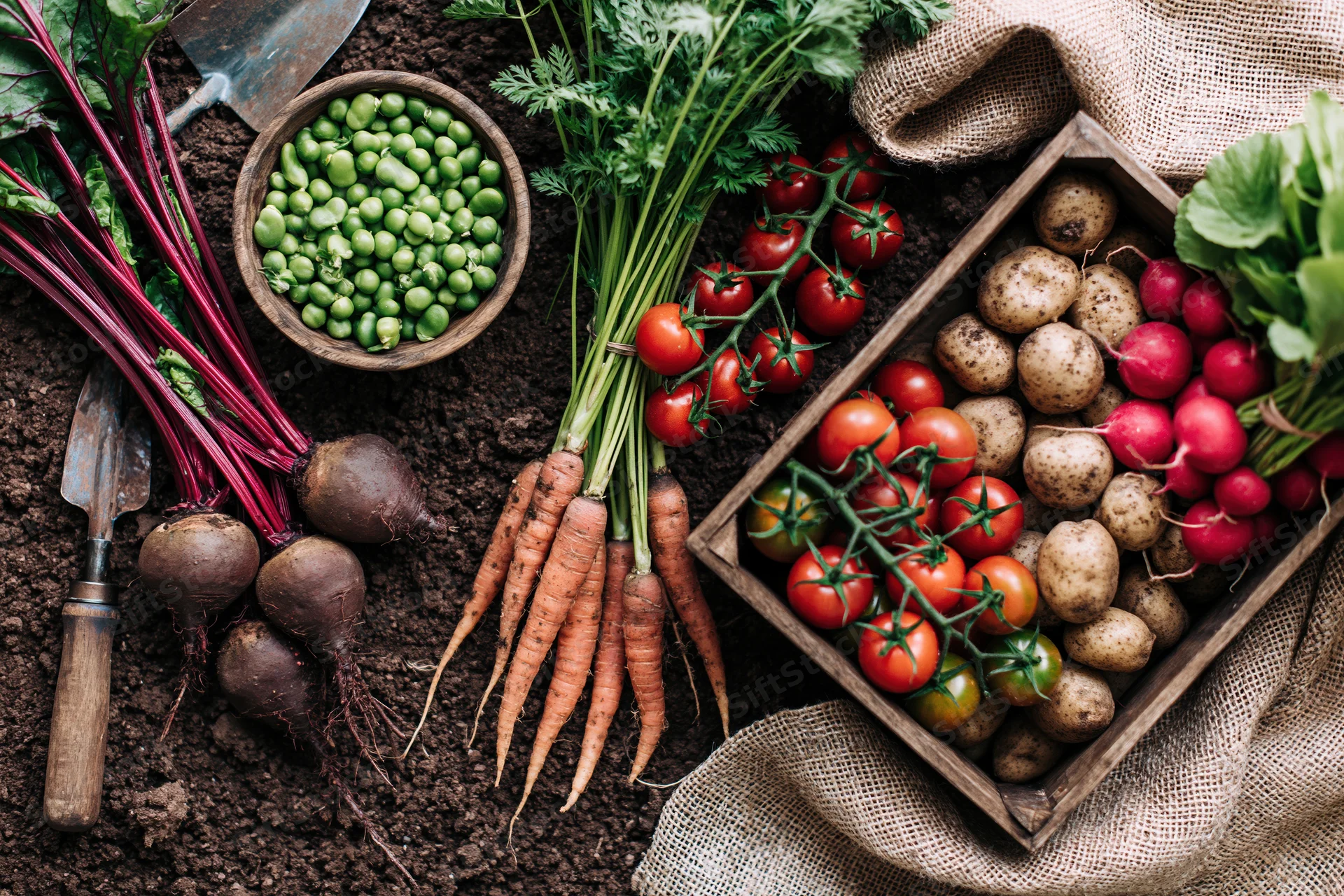 Freshly harvested vegetables arranged on dark soil with gardening tools and burlap sack