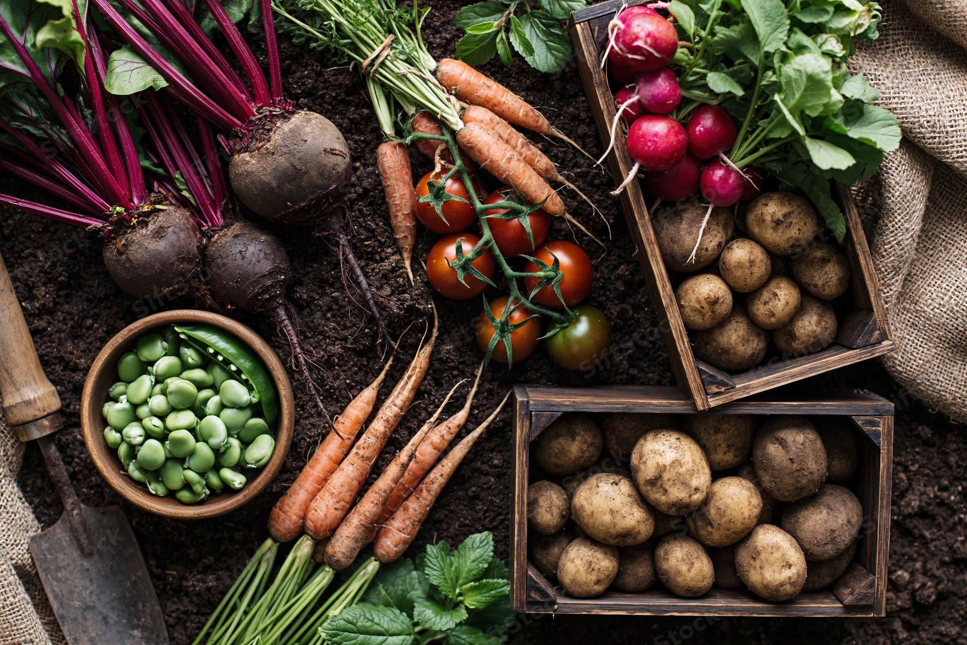 Freshly harvested vegetables arranged on dark soil with gardening tools and crates