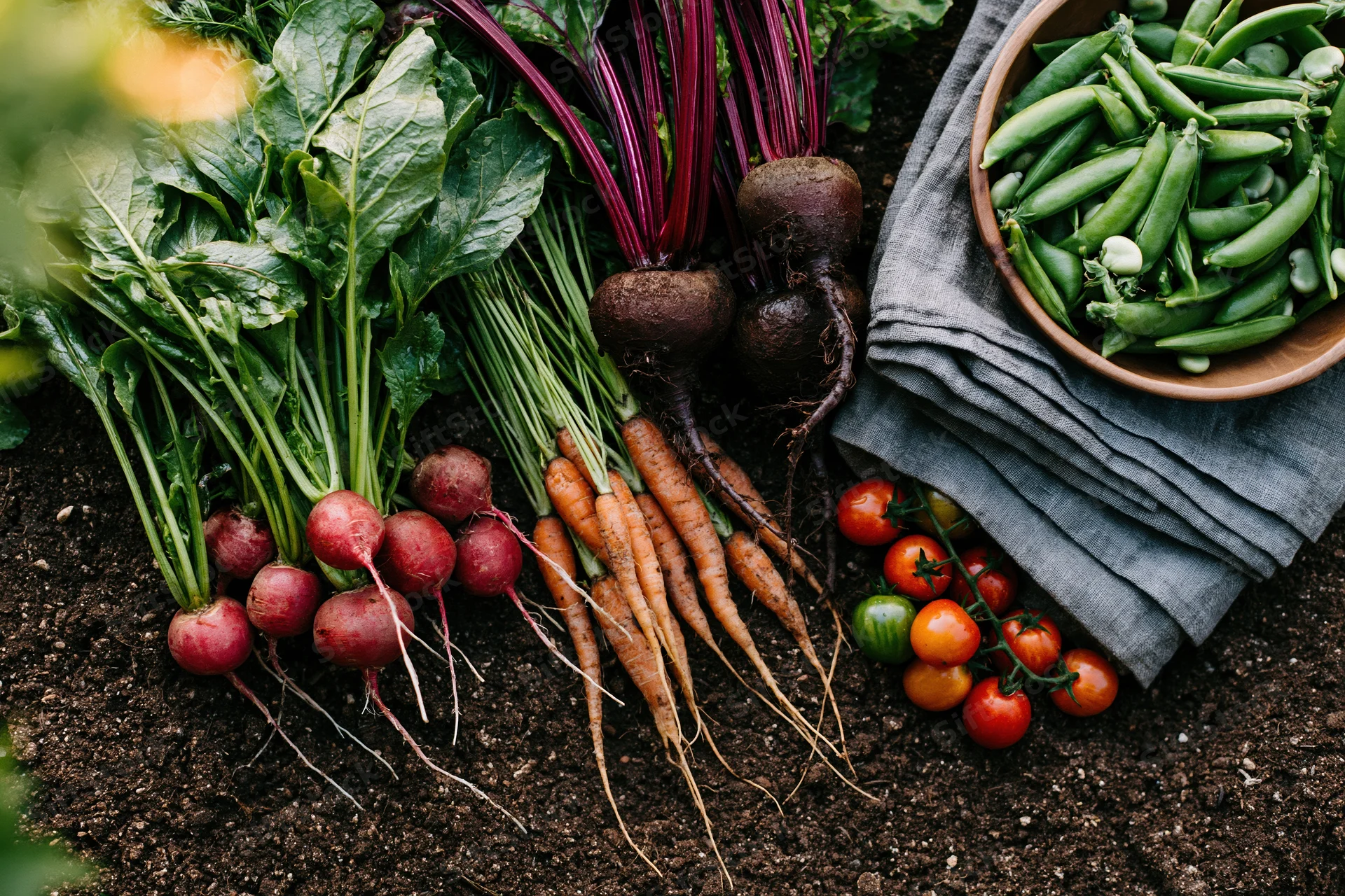 Freshly harvested vegetables arranged on dark soil with a cloth and bowl nearby