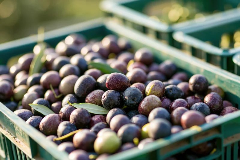 Freshly harvested olives piled in a green plastic crate outdoors